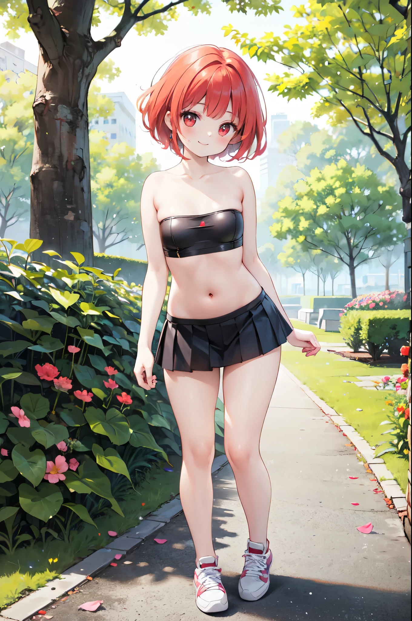 realistic image, detailed image, coherent image, 1 beautiful girl, she has shoulder length hair with blunt bangs, red hair, red eyes, smiling expression. She is wearing a strapless top, showing her navel, a thin thong, a pleated miniskirt, sneakers, She has a curvy body, small breasts and thick thighs, She is crawling, arching her back, doggy style, background of an urban park, surrounded by flowers, flower petals falling around, Soft focus, full body view, Dramatic shadows, Volumetric lighting, natural lighting,arima_kana, short hair