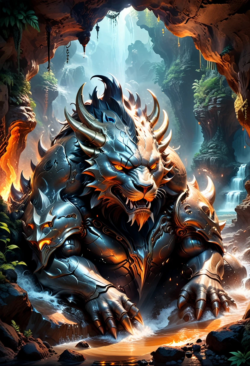 In the deep ancient cave, a huge (liquid metal:1.4) beast quietly sleeps. its body rolling like boiling lava, (masterpiece, best quality, Professional, perfect composition, very aesthetic, absurdres, ultra-detailed, intricate details:1.3)
