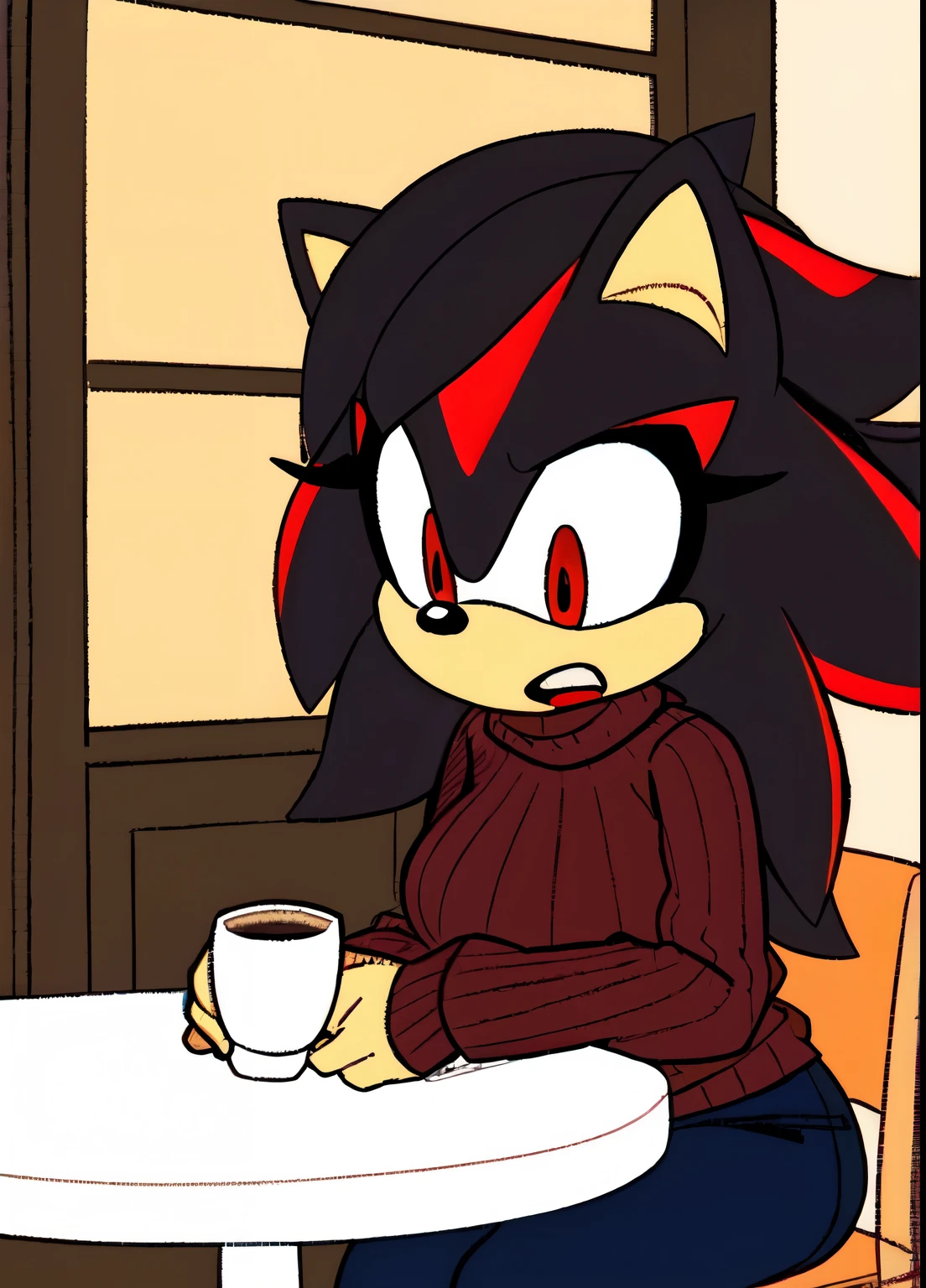 score_9, score_8_up, 2D, flat color, cafe background, looking at viewer, 1girl, very detailed, extremely detailed, Shadow the Hedgehog from the sonic the hedgehog series, Shadow the hedgehog but female, Female Shadow, portrait, cut off body, shocked expression, puzzled expression, sound lines, open mouth, makeup, light on the lipstick, hair down, long hair, turtleneck sweater, sitting at table, on a date, large bust, milf, looking down at her chest, red eyes