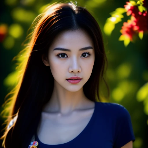 Beautiful Thai woman, 25 years old, with a clearly focused face., Her long ponytail flowed up.,Chest 36 inches “Dark blue t-shirt., Looking straight at you intently, with red flowers, ชนบทท้องฟ้ากลางคืนสว่างWarm light,) Warm light,)  professional lighting, Sony A7R4, 50mm sessile lens. Warm light ถ่ายด้วยกล้องคุณภาพสูง 45,000,000,000,Pixels, realistic light colors,