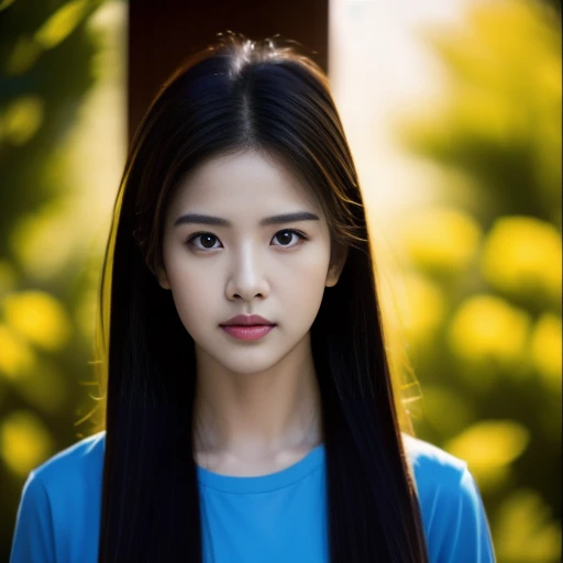 Beautiful Thai woman, 25 years old, with a clearly focused face., Her long ponytail flowed up.,Chest 36 inches “Dark blue t-shirt., Looking straight at you intently, with red flowers, ชนบทท้องฟ้ากลางคืนสว่างWarm light,) Warm light,)  professional lighting, Sony A7R4, 50mm sessile lens. Warm light ถ่ายด้วยกล้องคุณภาพสูง 45,000,000,000,Pixels, realistic light colors,