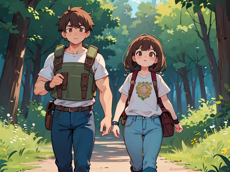 masterpiece; Style: daily; necessary background: Nature of Russia, middle lane, random landscape; обязательный Style одежды: sweatshirt, jeans, hiking boots, fingerless gloves, backpack; Characters: 1 effeminate guy(defenseless look) and 1 muscular girl(sexy look)(quite capable of walking half naked) (absolute similarity(twins)) Brother and sister, very tousled brown tousled hair, Brown eyes, round beautiful face, muscular proportional athletic trained body, trained arms and legs, Graceful fingers, aesthetic proportional small wide nose, plump lips; aesthetic completeness, perfect face; Free standing pose, Interaction with each other; many small details, Intricate details; high quality textures, high detail, realistic human anatomy, realistic textures, daylight, increased image clarity