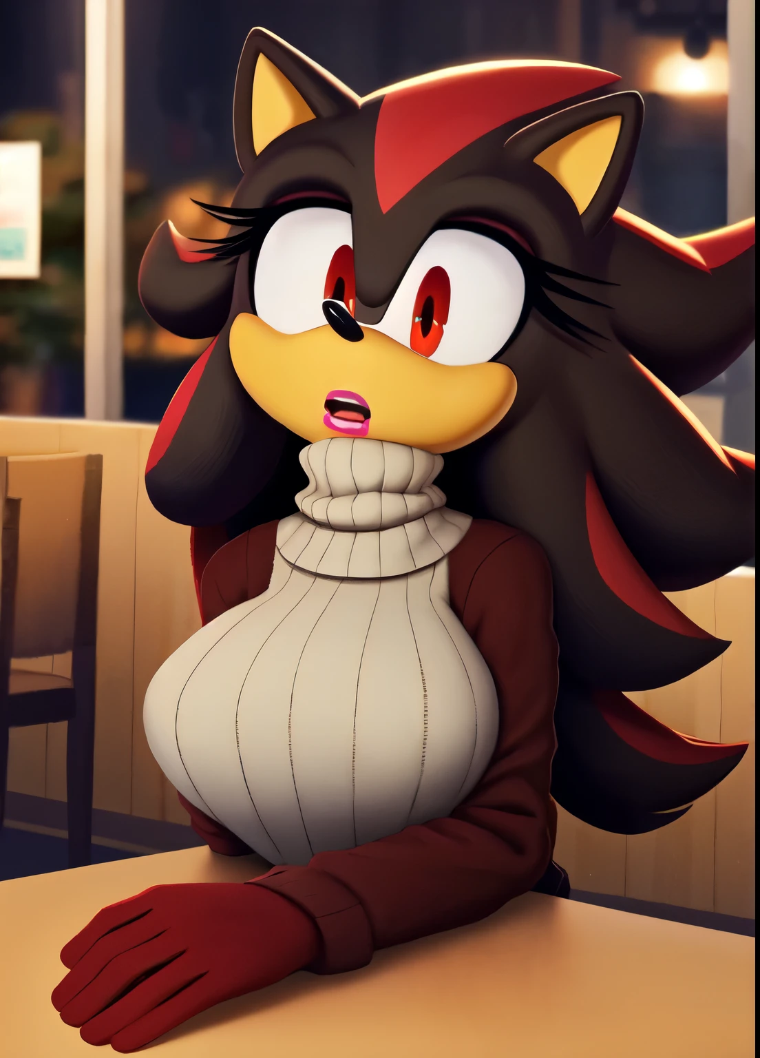 score_9, score_8_up, 2D, cafe background, looking at viewer, 1girl, very detailed, extremely detailed, Shadow the Hedgehog from the sonic the hedgehog series, Shadow the hedgehog but female, Female Shadow, portrait, cut off body, shocked expression, puzzled expression, sound lines, open mouth, makeup, light on the lipstick, hair down, long hair, turtleneck sweater, sitting at table, on a date, large bust, milf, looking down at her chest, red eyes