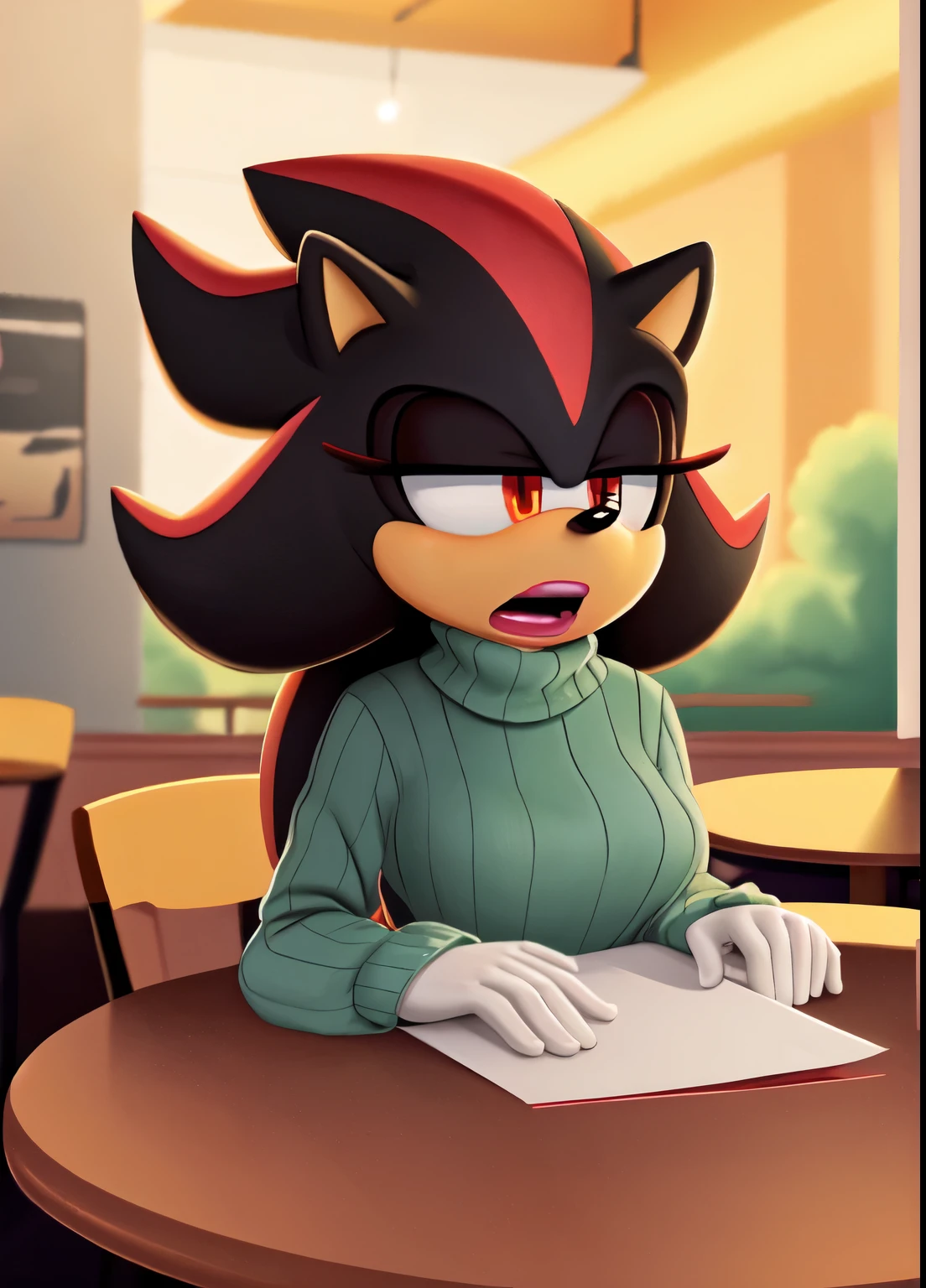 score_9, score_8_up, 2D, cafe background, looking at viewer, 1girl, very detailed, extremely detailed, Shadow the Hedgehog from the sonic the hedgehog series, Shadow the hedgehog but female, Female Shadow, portrait, cut off body, shocked expression, puzzled expression, sound lines, open mouth, makeup, light on the lipstick, hair down, long hair, turtleneck sweater, sitting at table, on a date, large bust, milf, looking down at her chest, red eyes