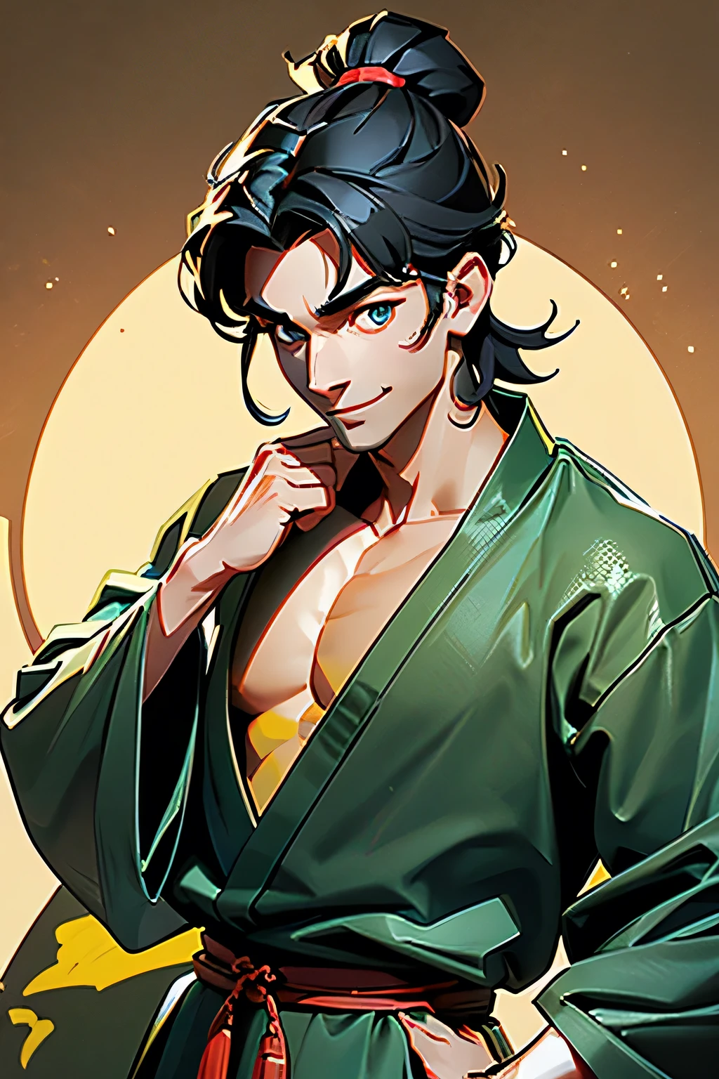 Muscular boy, masculine face, wild, masculine, valiant, handsome, rugged, rabbit-eared hoodie, modern Chinese traditional costume, fusion of ancient Chinese and modern, king of rappers, pectoral muscles, abs, cool atmosphere, sitting, solid posture, fashionista, stylish, colorful, individual, luxurious, Cantonese, singing, dancing, sky with stars shining like dreams, Quiet night book, starry sky blooming brightly, whispering dream and confusion border, Cantonese pride, yellow-green jacket, purple pants
