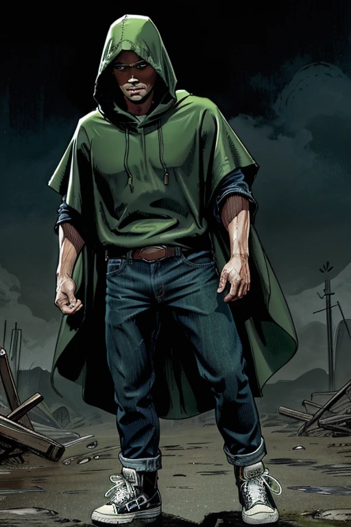 Man in Hooded poncho poncho poncho Closed Closed poncho poncho poncho Raincoat Color: Green and darkened face cap and jeans and converse sneakers Heroic Presence Serious and strong pose Rolled-up sleeves