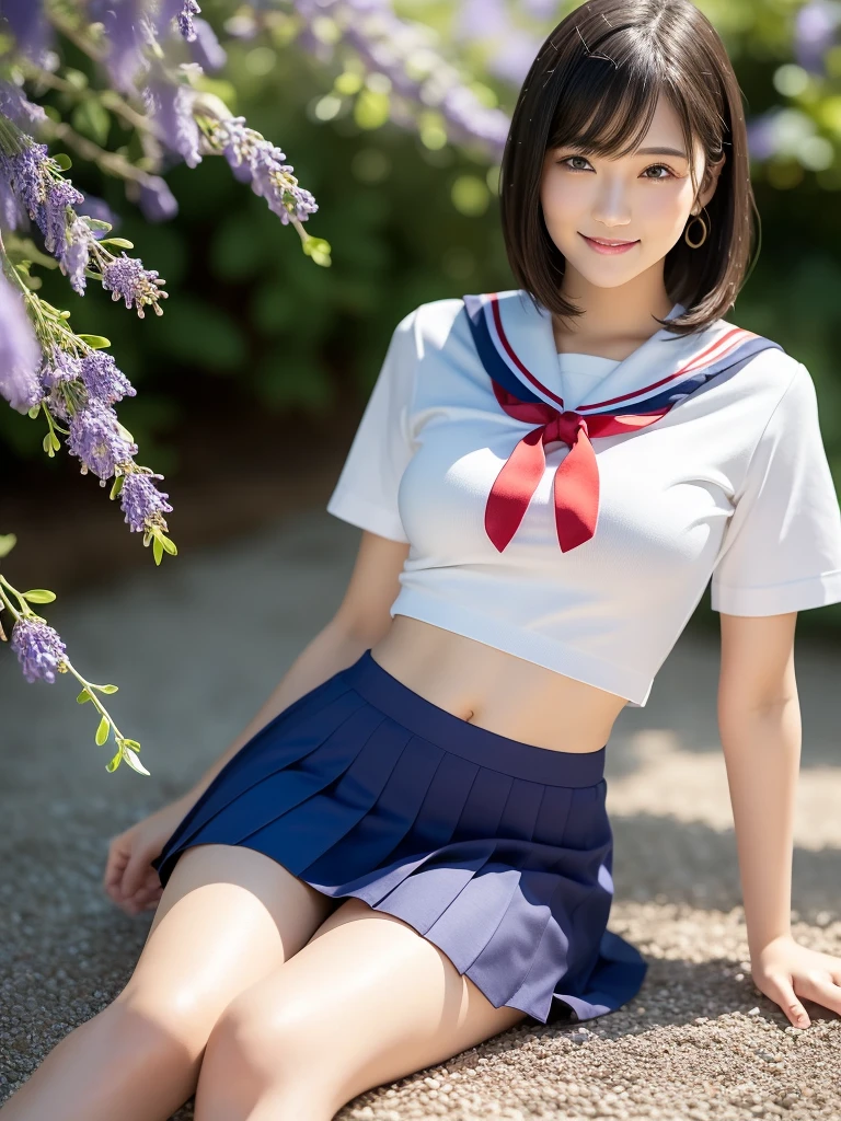 (highest quality:1.5)、(Realistic:1.5)、(1 person:1.5)、Very detailed、High resolution、8k、 very large round breasts、Natural color lips、Cute Smile、Japanese women、20-year-old girl、Beautiful and elegant face、Perfect and beautiful face、Balanced big eyes、Brunette eyes、Beautiful and elegant face、Natural double eyelids、Natural Bangs、Beautiful thin nose、Beautiful Skin、(Medium Bob Hair)、Natural Bangs、Perfect and beautiful face、Slim face and figure、Look at the viewers、Serafuku 、School Sailor Uniform、White short-sleeved blouse shirt, navy pleated micro miniskirt、Knee-high socks、red sailor knot scarf、 Beautiful navel、Open the navel、Wearing a school sailor uniform that shows her navel、High-angle composition、(Staring at the camera with a sweet smile)、Bright lighting、Professional Lighting、Forward lighting、Beautiful feet:1.2、Smooth Skin、Slim Body、Slim waistline、slim thin thighs、Sit on the ground、Lavender Fields、Lavender blooming hill、