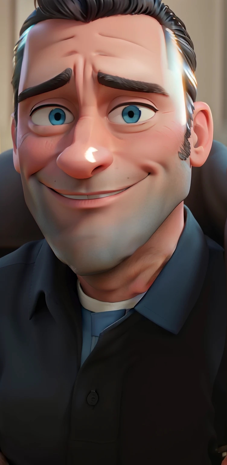 Jon Hamm, Cartoon in black shirt and blue pants, crossed arms, olhando para frente com olhos castanhos e sorrindo com os dentes aparecendo;
