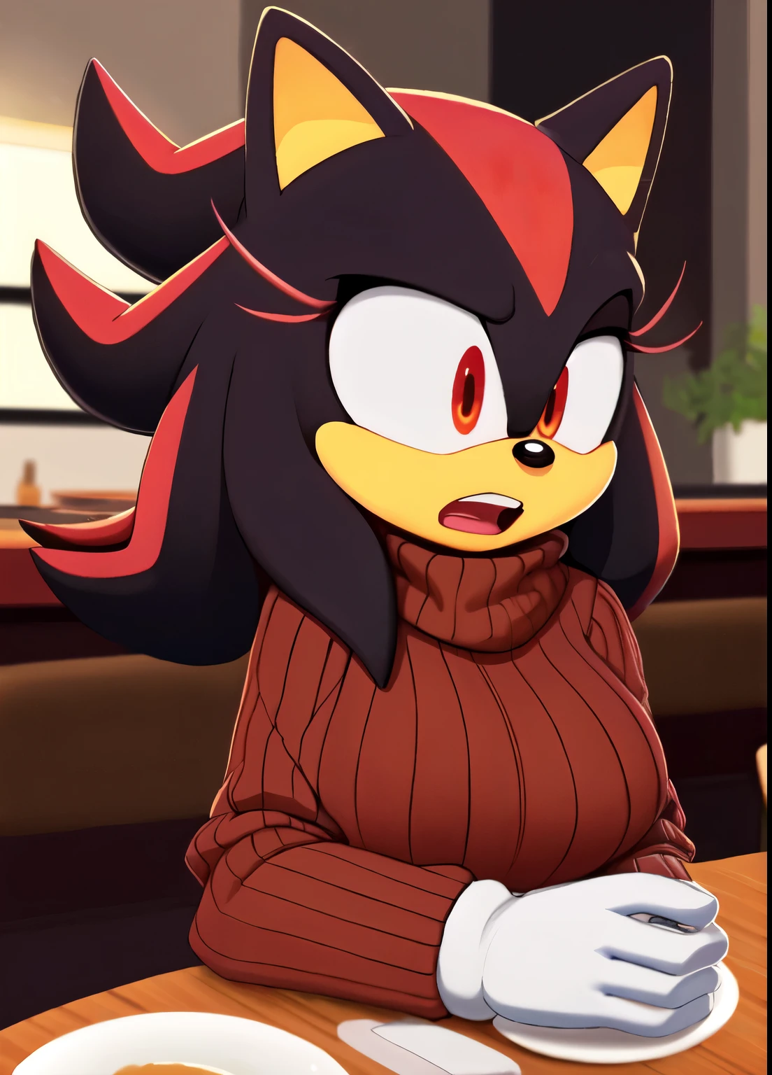 score_9, score_8_up, 2D, cafe background, looking at viewer, 1girl, very detailed, extremely detailed, Shadow the Hedgehog from the sonic the hedgehog series, Shadow the hedgehog but female, Female Shadow, portrait, cut off body, shocked expression, puzzled expression, sound lines, open mouth, makeup, light on the lipstick, hair down, long hair, turtleneck sweater, sitting at table, on a date, large bust, milf, looking down at her chest, red eyes