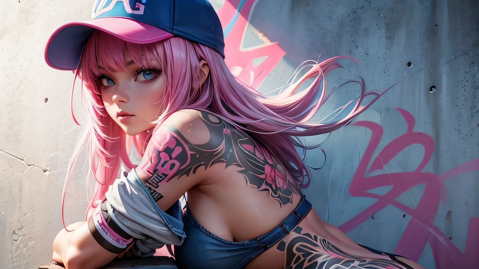 Sexy woman,Beautiful pink and light blue hair Cinema lighting, Ultra-high resolution, Accurate, Super detailed, Textured skin, High detail, highest quality, 8k,Thin bangs, Detailed Hair,Focus on the face,Graffiti WallHIP-HOP Fashion,Ripped jeans,Alley,Oblique angle,Tribal Tattoos,Baseball cap,