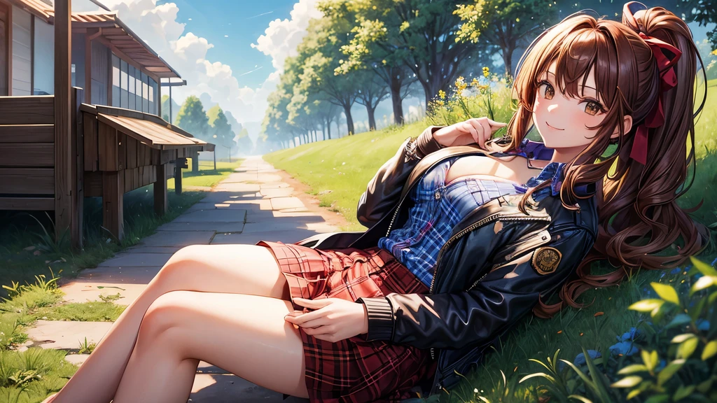 1girl, summer, village, trees, sun, clouds, ((colorful hair)), long hair, curly hair, ponytail, large breasts, button down shirt, ((blue checked shirt)), ((unbuttoned shirt)), cleavage 1:3, brown eyes, ((opened brown zipper jacket)), leather jacket, ((red black skirt)), smile, looking at the viewer, touching neck, standng, hair ribbon, golden necklate