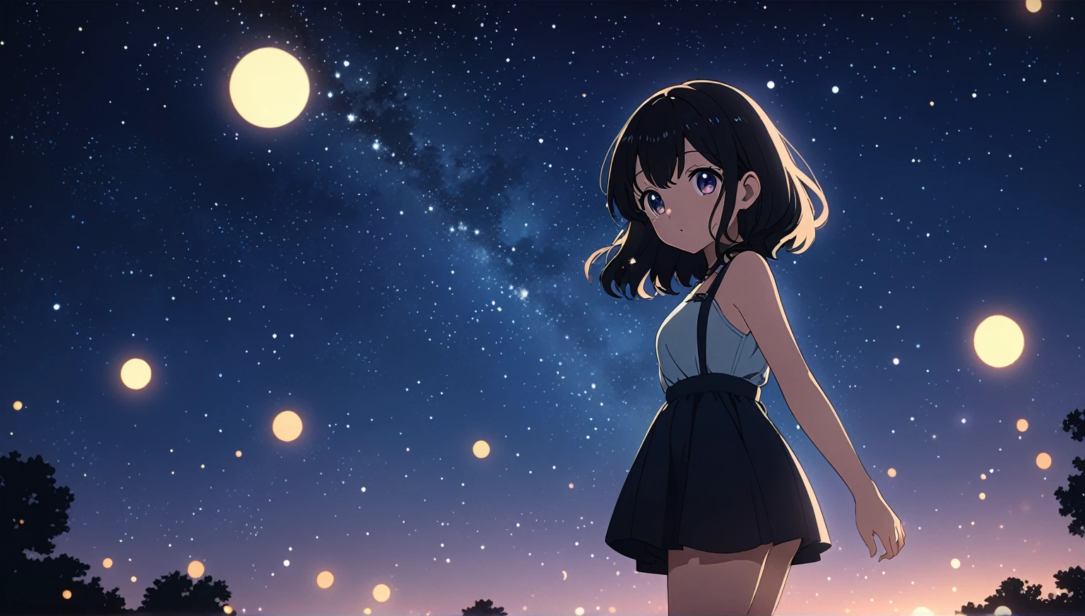 summer night,starry sky,dark light,a cute girl,anime style,high quality