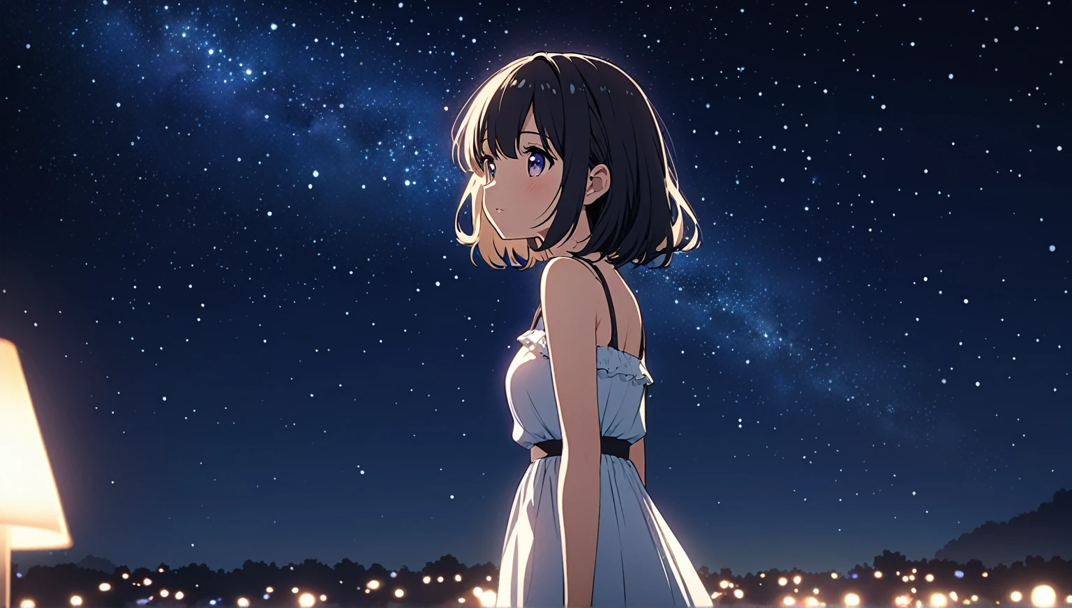 summer night,starry sky,dark light,a cute girl,anime style,high quality
