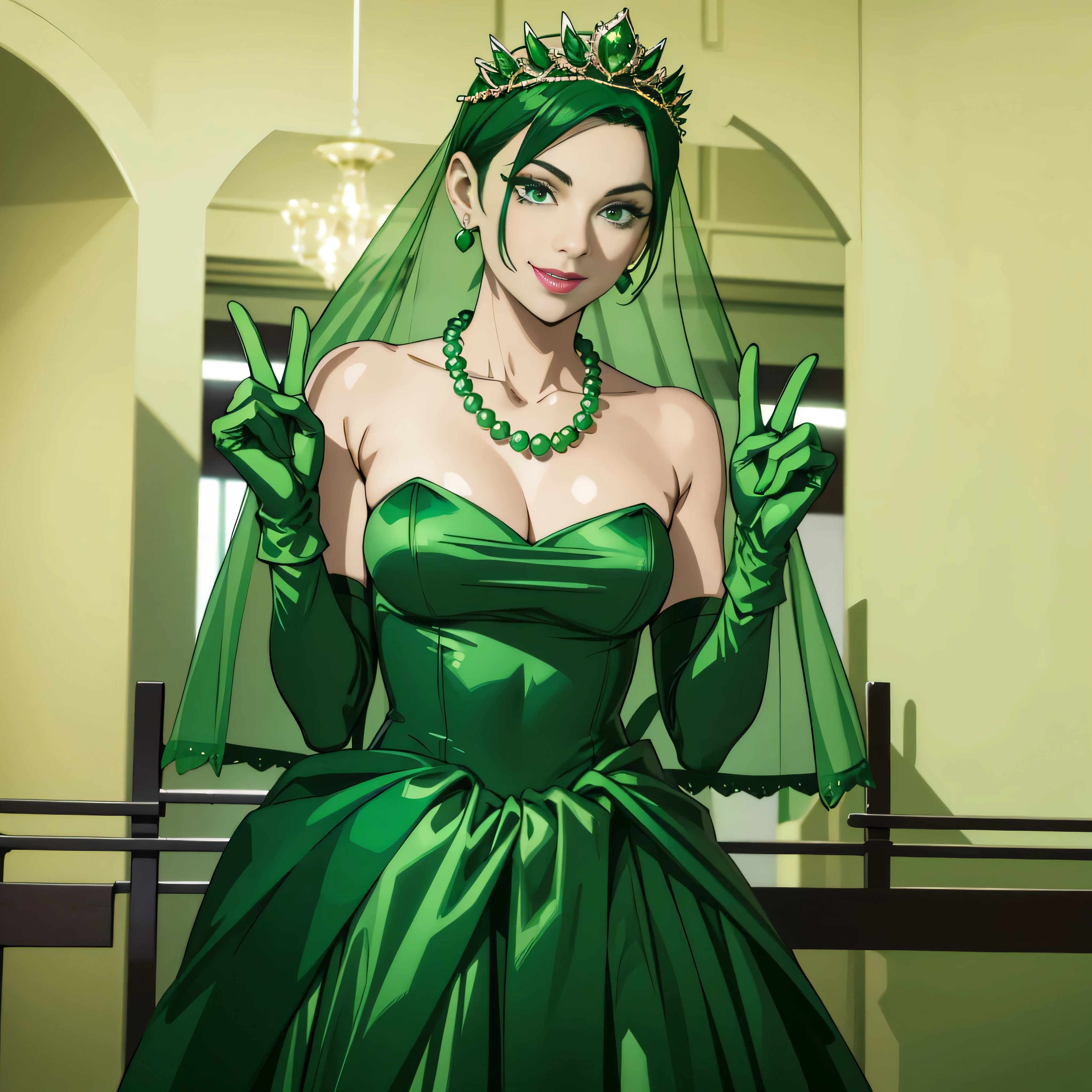 Emerald tiara, Green Pearl Necklace, Boyish very short green hair, lipstick, Smiling Japan woman in her 30s, Very short hair, Big and beautiful, Green Eyes, Long green satin gloves, Big Breasts, V sign, Emerald Earrings, Green veil