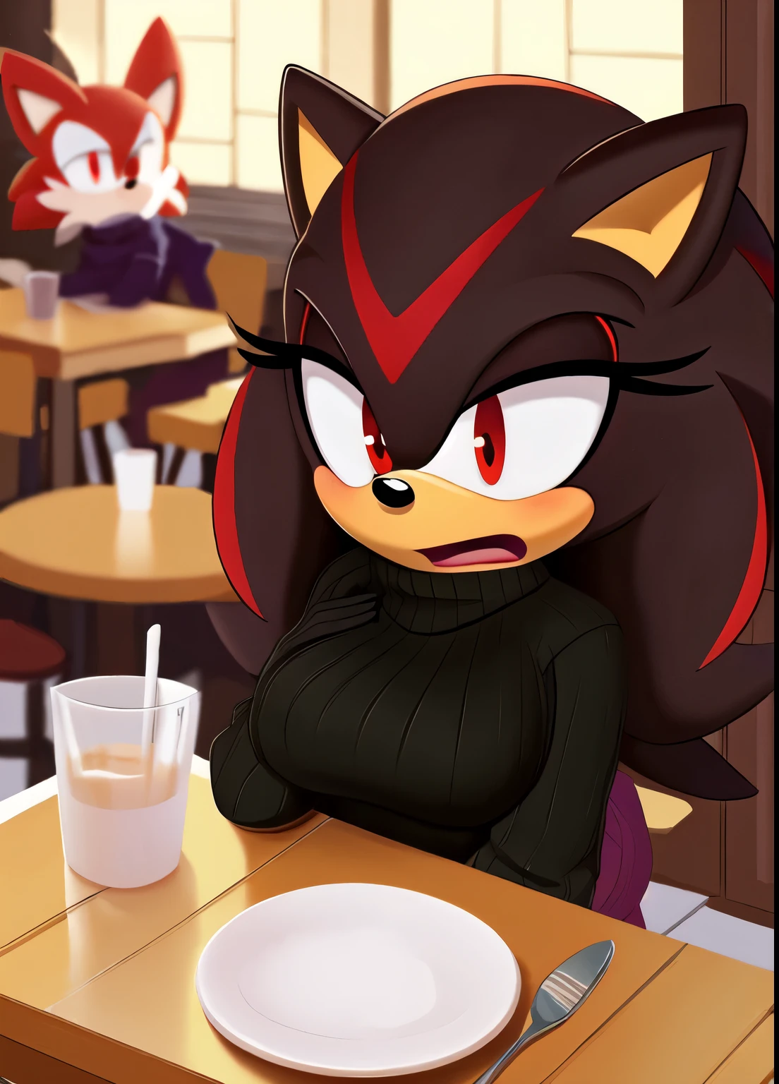 score_9, score_8_up, 2D, cafe background, looking at viewer, 1girl, very detailed, extremely detailed, Shadow the Hedgehog from the sonic the hedgehog series, Shadow the hedgehog but female, Female Shadow, portrait, cut off body, shocked expression, puzzled expression, sound lines, open mouth, makeup, light on the lipstick, hair down, long hair, turtleneck sweater, sitting at table, on a date, large bust, milf, looking down at her chest, red eyes