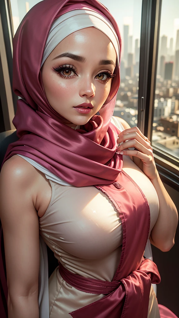 Woman, arabic face, close-up, makeup around eyebrows, pink lips, wearing satin hijab, scarf covering neck, head covering, covered traditional Vietnamese dress, in the office, glass background, visible city view, oversized body, UHD, 8K , the image is very clear