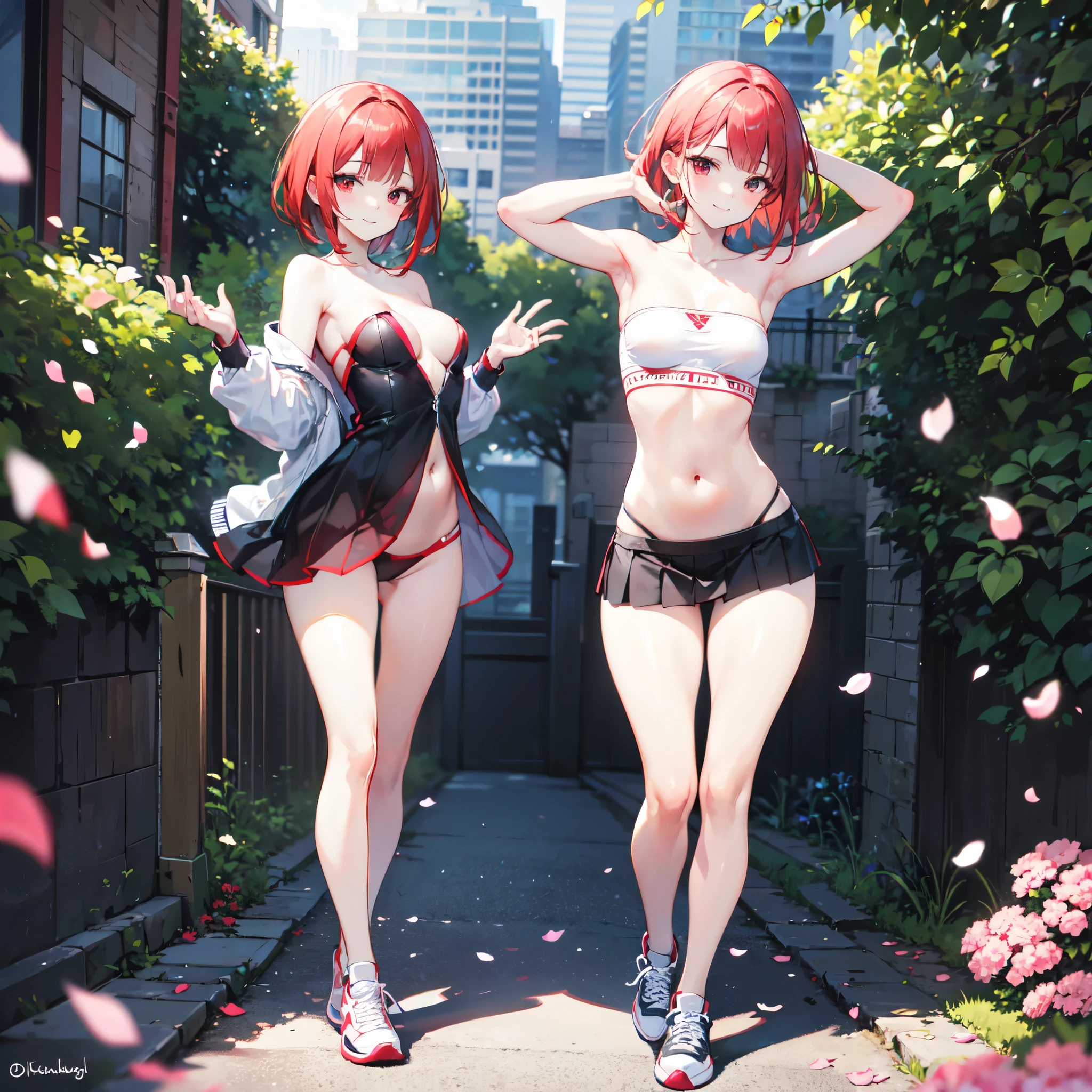 realistic image, detailed image, coherent image, 1 beautiful girl, she has shoulder length hair with blunt bangs, red hair, red eyes, smiling expression. She is wearing a strapless top, showing her navel, a thin thong, a pleated miniskirt, sneakers, She has a curvy body, small breasts and thick thighs, She is crawling, arching her back, doggy style, background of an urban park, surrounded by flowers, flower petals falling around, Soft focus, full body view, Dramatic shadows, Volumetric lighting, natural lighting,arima_kana, short hair