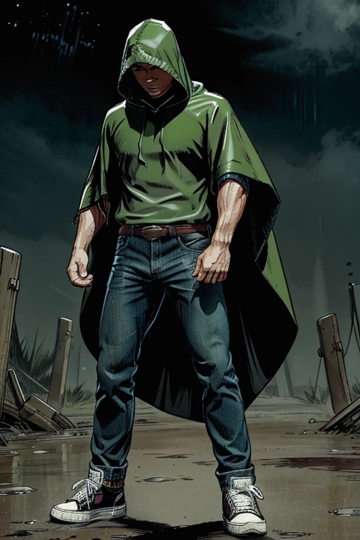 Man in Hooded poncho poncho poncho Closed Closed poncho poncho poncho Raincoat Color: Green and darkened face cap and jeans and converse sneakers Heroic Presence Serious and strong pose Rolled-up sleeves Loose unbanding