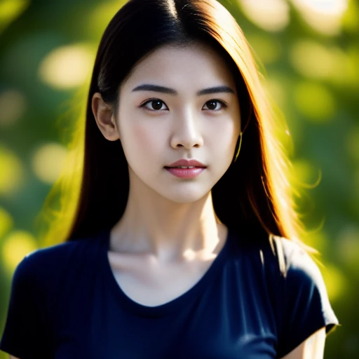 Beautiful Thai woman, 25 years old, with a clearly focused face., Her long ponytail flowed up.,Chest 36 inches “Dark blue t-shirt., Various postures, Looking straight at you intently, with red flowers, ชนบทท้องฟ้ากลางคืนสว่างWarm light,) Warm light,)  professional lighting, Sony A7R4, 50mm sessile lens. Warm light ถ่ายด้วยกล้องคุณภาพสูง 45,000,000,000,Pixels, realistic light colors,