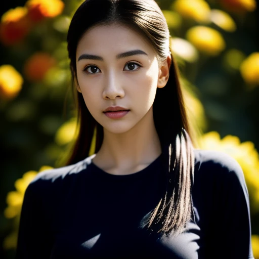 Beautiful Thai woman, 25 years old, with a clearly focused face., Her long ponytail flowed up.,Chest 36 inches “Dark blue t-shirt., Various postures, Looking straight at you intently, with red flowers, ชนบทท้องฟ้ากลางคืนสว่างWarm light,) Warm light,)  professional lighting, Sony A7R4, 50mm sessile lens. Warm light ถ่ายด้วยกล้องคุณภาพสูง 45,000,000,000,Pixels, realistic light colors,