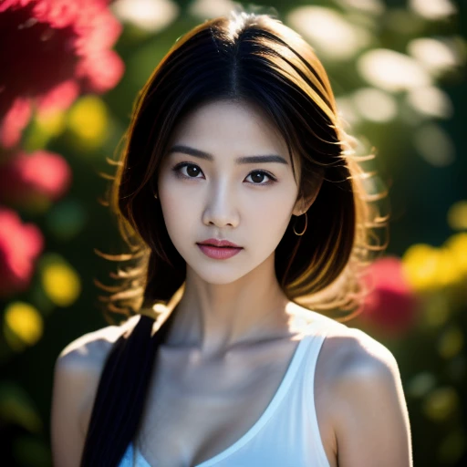 Beautiful Thai woman, 25 years old, with a clearly focused face., Her long ponytail flowed up.,Chest 36 inches “Dark blue t-shirt., Various postures, Looking straight at you intently, with red flowers, ชนบทท้องฟ้ากลางคืนสว่างWarm light,) Warm light,)  professional lighting, Sony A7R4, 50mm sessile lens. Warm light ถ่ายด้วยกล้องคุณภาพสูง 45,000,000,000,Pixels, realistic light colors,