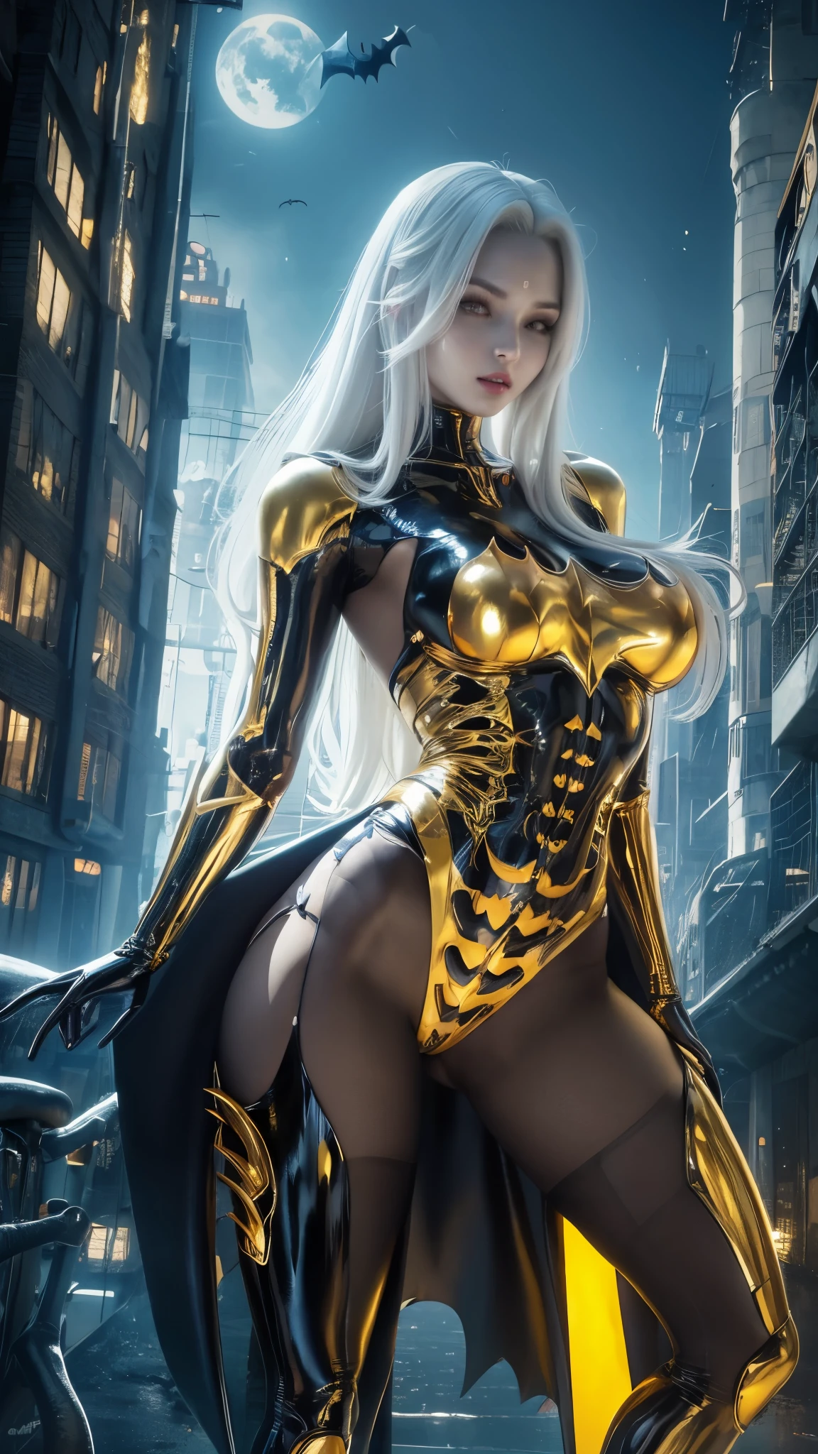 Translucent fine golden color mechanical girl, Futuristic girl, ((woman/demon/skeleton/zombie/Batman/)), Mechanical joint, futuristic urban background, ModelShoot style, (Highly detailed Cg Unity 8K Wallpaper), Abstract style beauty,, surrealism, 8K, Super detailed, Best quality, Awarded,  Anatomically correct, 16k, Highly detailed,big tits , cameltoe , white hair