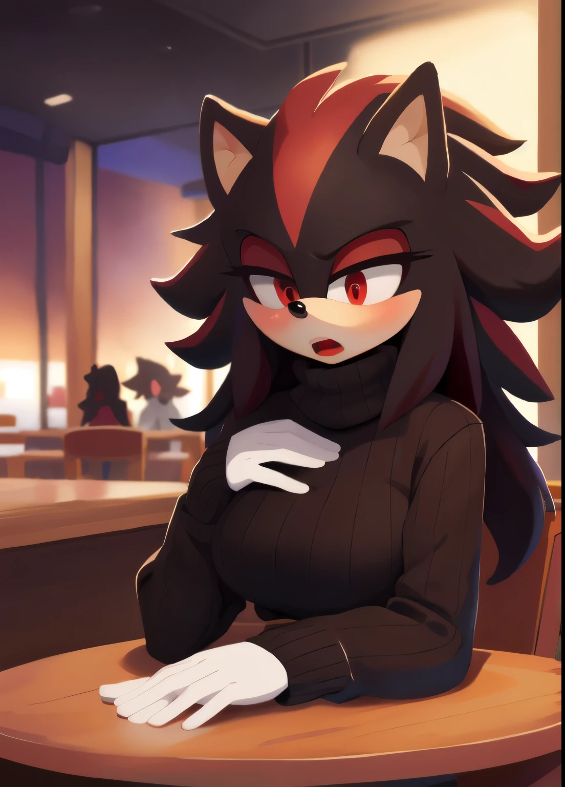 score_9, score_8_up, 2D, cafe background, looking at viewer, 1girl, very detailed, extremely detailed, Shadow the Hedgehog from the sonic the hedgehog series, Shadow the hedgehog but female, Female Shadow, portrait, cut off body, shocked expression, puzzled expression, sound lines, open mouth, makeup, light on the lipstick, hair down, long hair, turtleneck sweater, sitting at table, on a date, large bust, milf, looking down at her chest, red eyes
