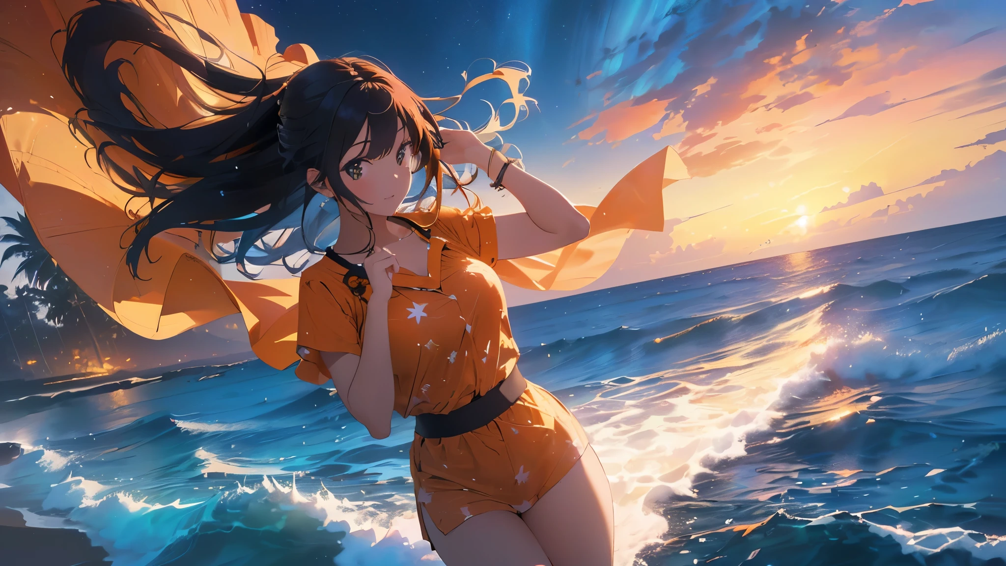 masterpiece, finely best quality, anime girl sitting on a boat looking out at the ocean, 1 beutiful girl、Blue Sea、Coral Reef Island、Ride a small yacht、(Huge laughter:1.1)、(Wide-opened eyes:1.2)、Sun glare、Bikini swimwear、Slim body、small tits、full bodyesbian、Dynamic angles、dynamicposes