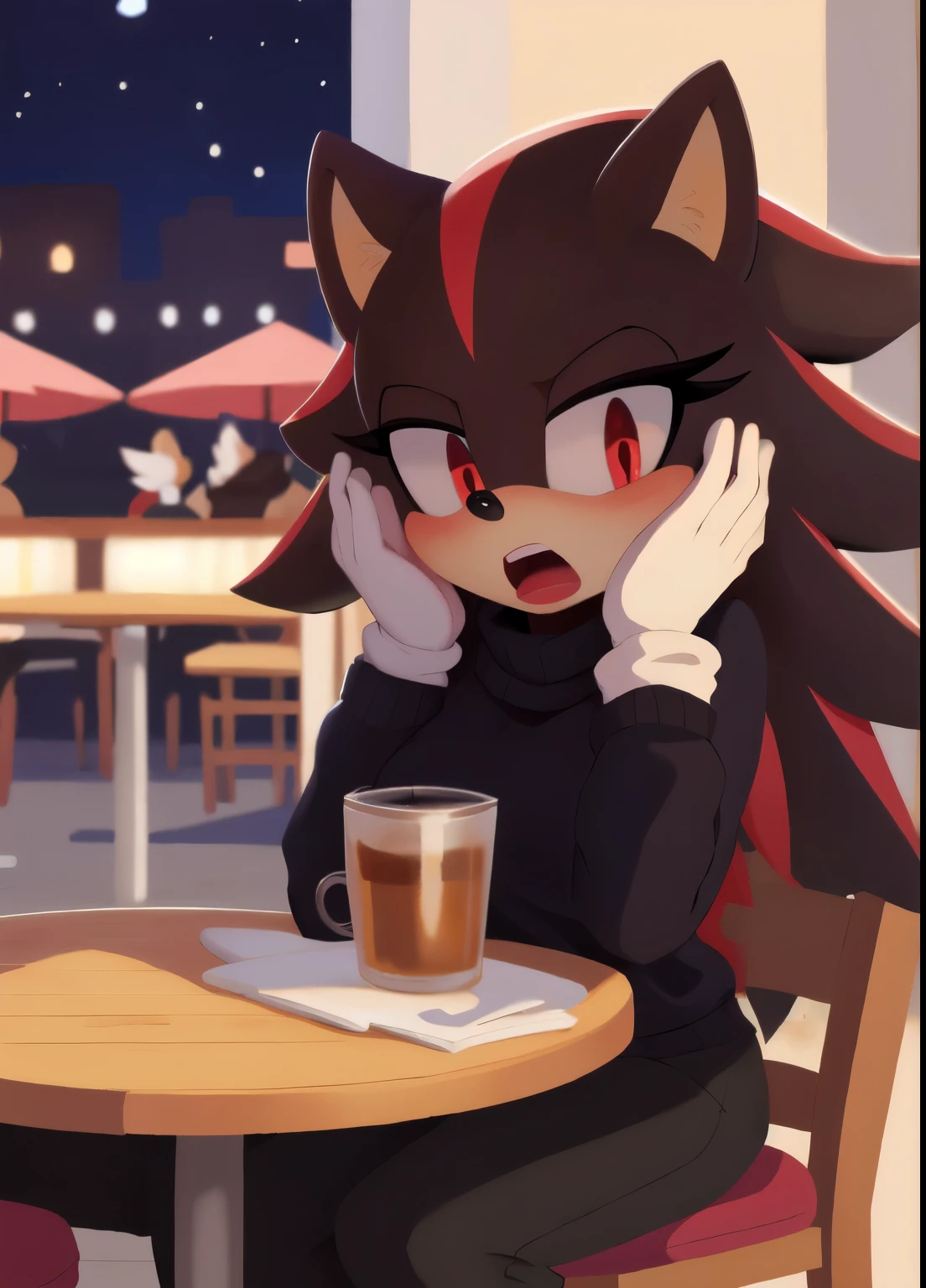 score_9, score_8_up, 2D, cafe background, looking at viewer, 1girl, very detailed, extremely detailed, Shadow the Hedgehog from the sonic the hedgehog series, Shadow the hedgehog but female, Female Shadow, portrait, cut off body, shocked expression, puzzled expression, sound lines, open mouth, makeup, light on the lipstick, hair down, long hair, turtleneck sweater, sitting at table, on a date, large bust, milf, looking down at her chest, red eyes