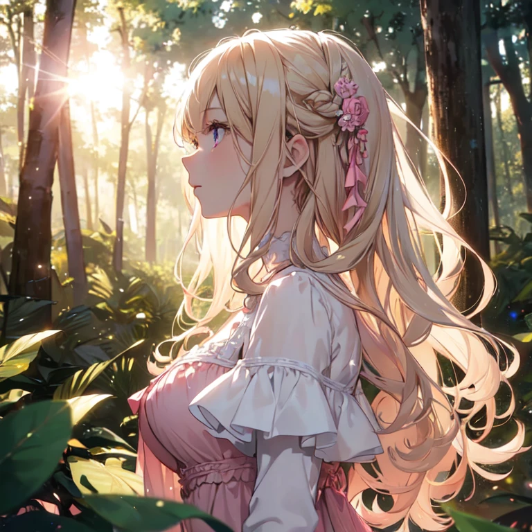 (8k), (masterpiece), (best quality), (super details), (award winning), (illustration), lens flare, there is a woman in a pink dress standing in the woods, (photography), modeling shoot, (beautiful girl), gorgeous young model, slender blonde girl, fashion photography portrait, pale skin curly blond hair, (enchanting forrest background)
