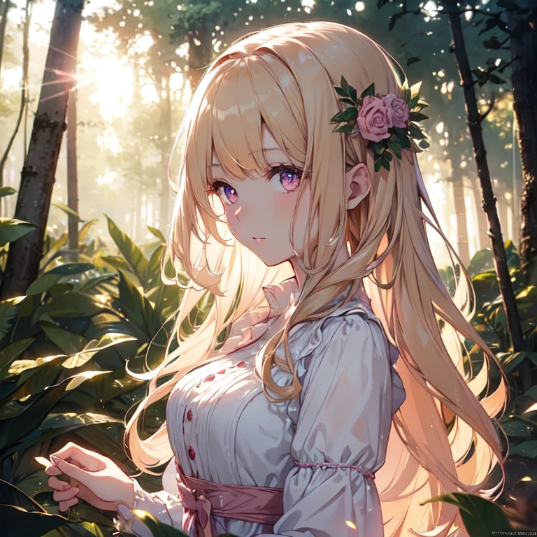 (8k), (masterpiece), (best quality), (super details), (award winning), (illustration), lens flare, there is a woman in a pink dress standing in the woods, (photography), modeling shoot, (beautiful girl), gorgeous young model, slender blonde girl, fashion photography portrait, pale skin curly blond hair, (enchanting forrest background)