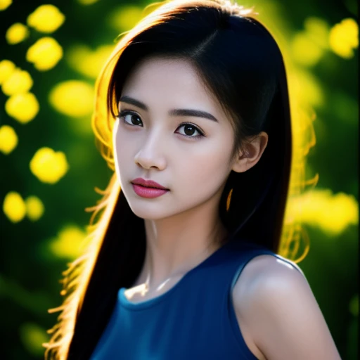 Beautiful Thai woman, 25 years old, with a clearly focused face., Her long ponytail flowed up.,Chest 36 inches “Dark blue t-shirt., Various postures, Looking straight at you intently, with red flowers, ชนบทท้องฟ้ากลางคืนสว่างWarm light,) Warm light,) professional lighting, Sony A7R4, 50mm sessile lens. Warm light ถ่ายด้วยกล้องคุณภาพสูง 45,000,000,000,Pixels, realistic light colors,