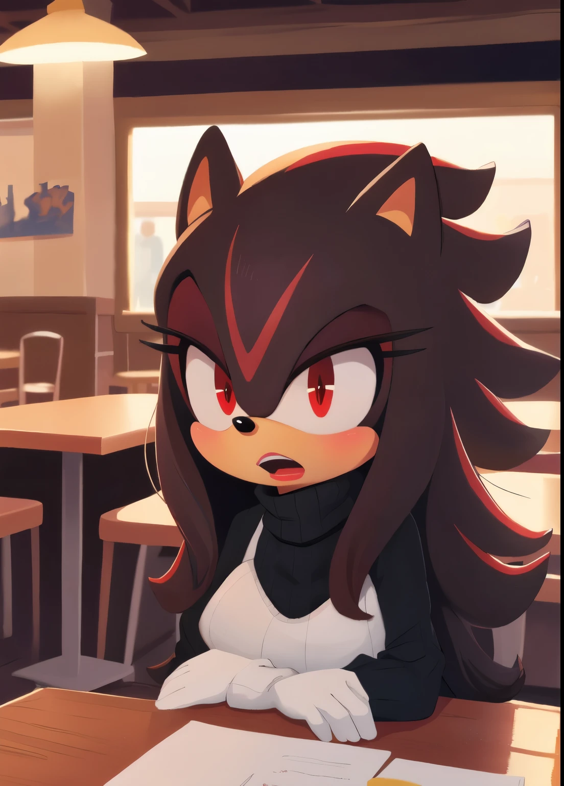 score_9, score_8_up, 2D, cafe background, looking at viewer, 1girl, very detailed, extremely detailed, Shadow the Hedgehog from the sonic the hedgehog series, Shadow the hedgehog but female, Female Shadow, portrait, cut off body, shocked expression, puzzled expression, sound lines, open mouth, makeup, light on the lipstick, hair down, long hair, turtleneck sweater, sitting at table, on a date, large bust, milf, looking down at her chest, red eyes, quill like hair bangs