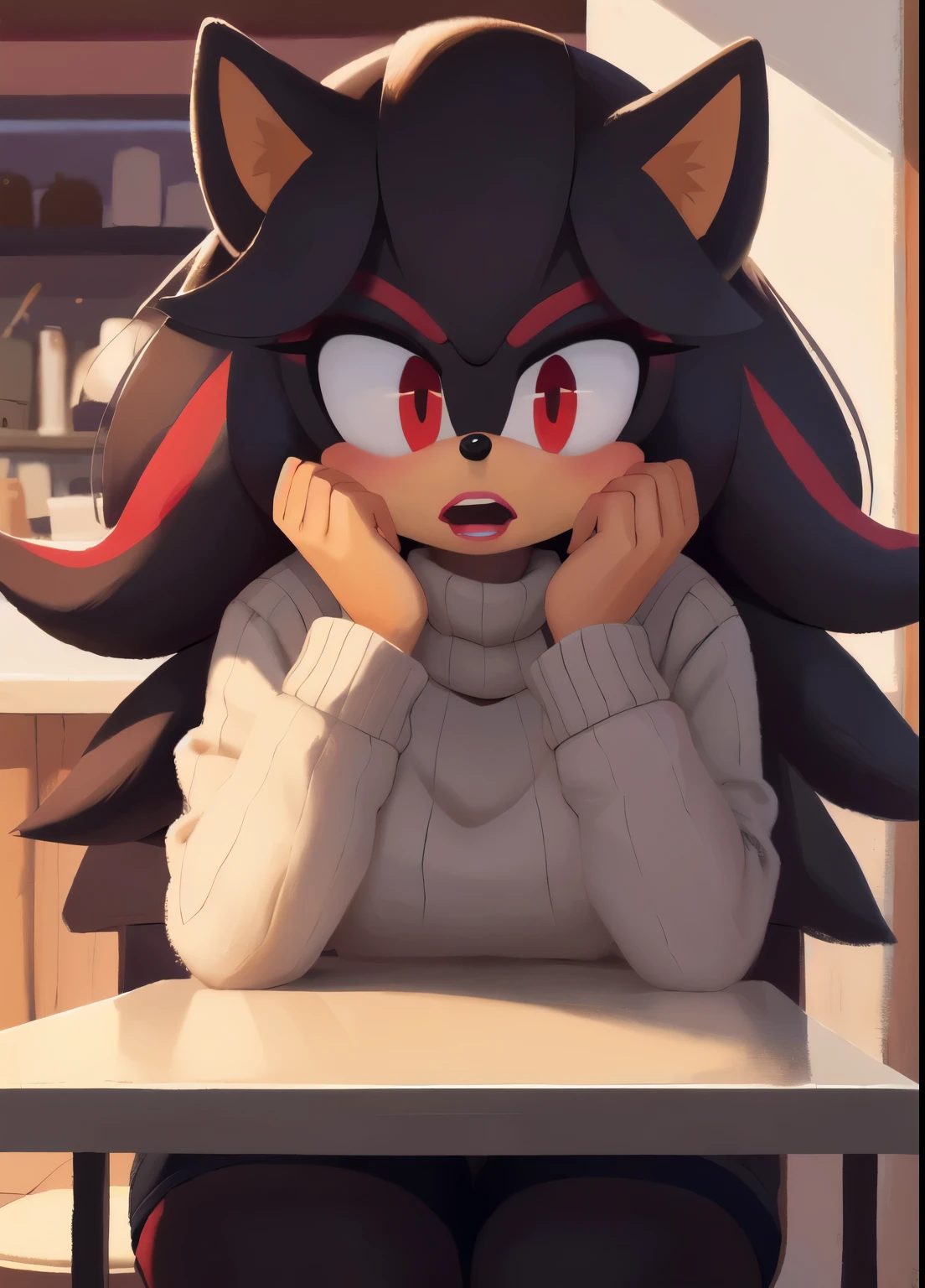 score_9, score_8_up, 2D, cafe background, looking at viewer, 1girl, very detailed, extremely detailed, Shadow the Hedgehog from the sonic the hedgehog series, Shadow the hedgehog but female, Female Shadow, portrait, cut off body, shocked expression, puzzled expression, sound lines, open mouth, makeup, light on the lipstick, hair down, long hair, turtleneck sweater, sitting at table, on a date, large bust, milf, looking down at her chest, red eyes, quill like hair bangs