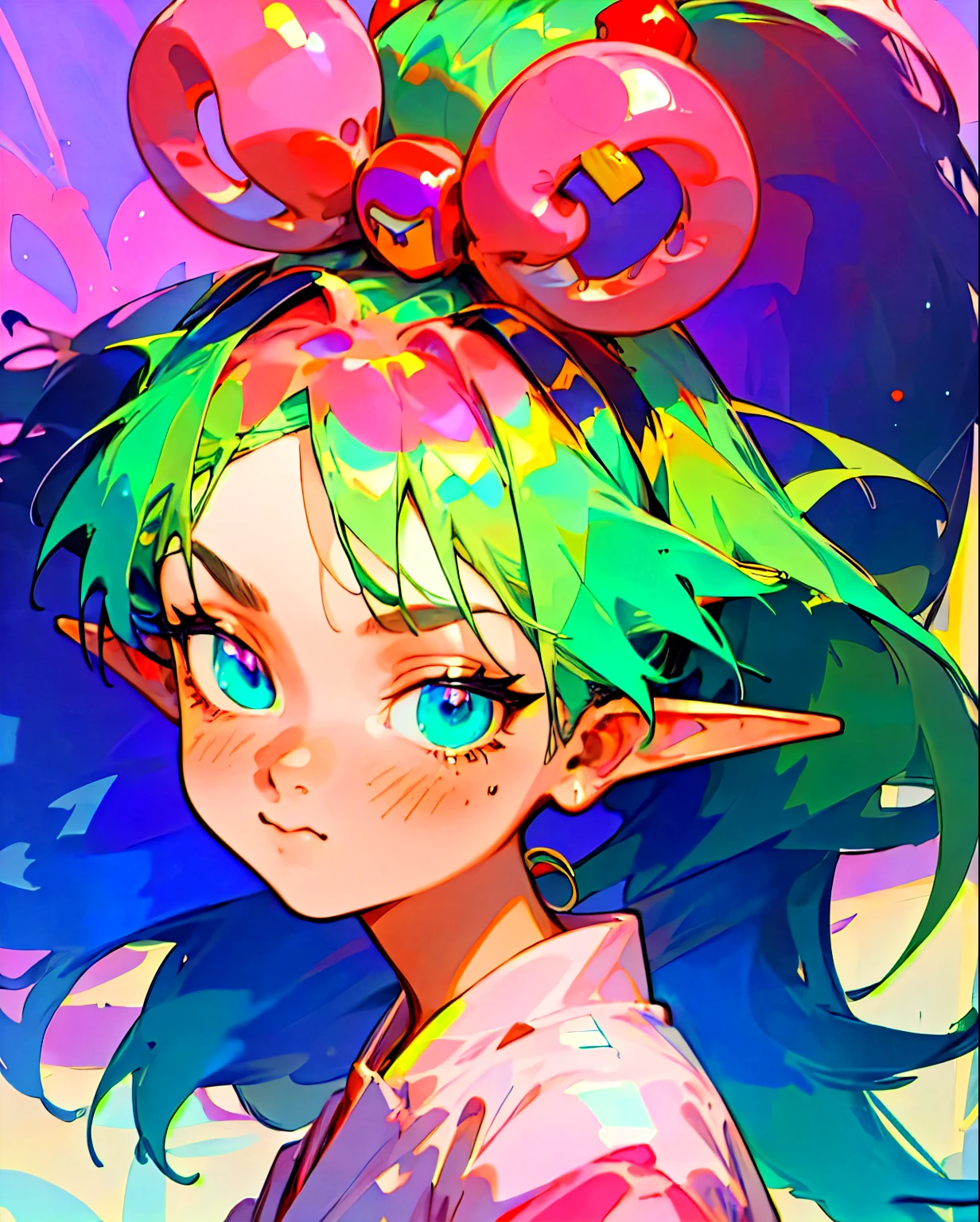 a close up of a person with a green hair and a pink shirt, colorful! character design, high quality anime artstyle, 8 0 s anime art style, anime moe artstyle, anime styled 3d, 9 0 s anime art style, 2 d anime style, candypunk character design, anime art style, anime style character, elf girl, anime character design