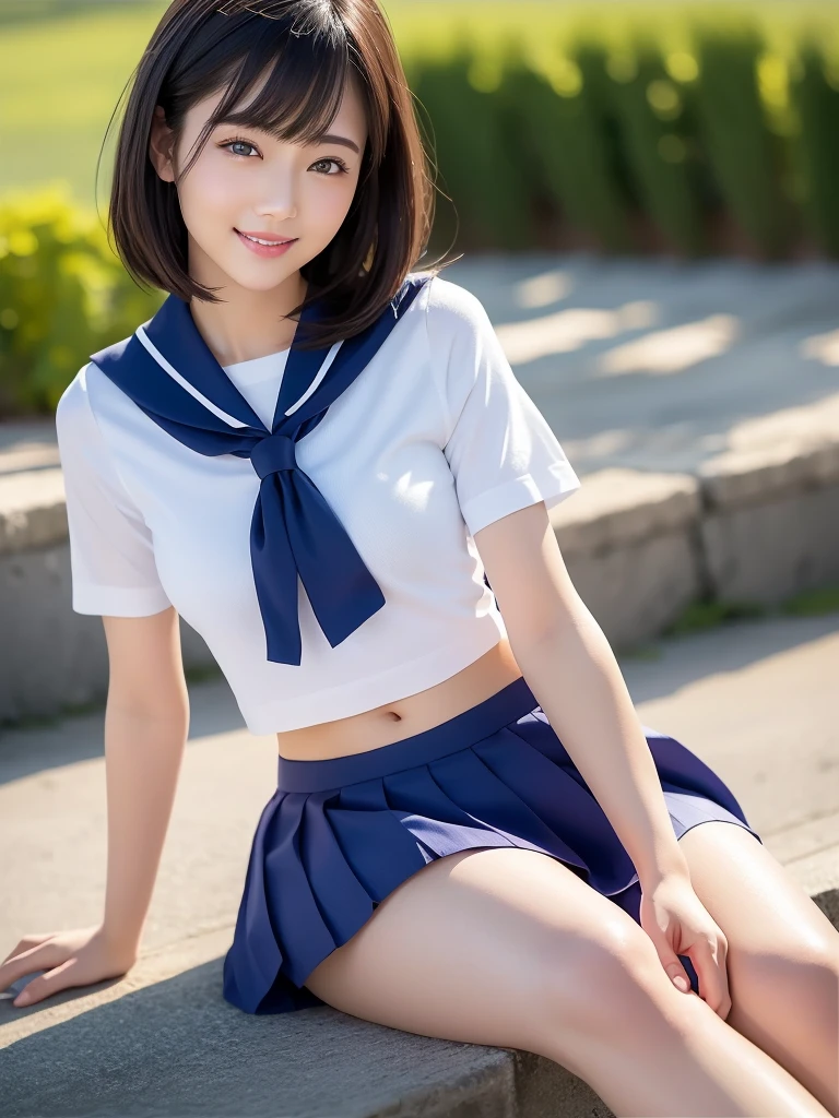 (highest quality:1.5)、(Realistic:1.5)、(1 person:1.5)、Very detailed、High resolution、8k、 very large round breasts、Natural color lips、Cute Smile、Japanese women、20-year-old girl、Beautiful and elegant face、Perfect and beautiful face、Balanced big eyes、Brunette eyes、Beautiful and elegant face、Natural double eyelids、Natural Bangs、Beautiful thin nose、Beautiful Skin、(Medium Bob Hair)、Natural Bangs、Perfect and beautiful face、Slim face and figure、Look at the viewers、Serafuku 、School Sailor Uniform、White short-sleeved translucent blouse shirt, navy pleated micro miniskirt、Knee-high socks、red sailor knot scarf、 Beautiful navel、Open the navel、Wearing a school sailor uniform that shows her navel、High-angle composition、(Staring at the camera with a sweet smile)、Bright lighting、Professional Lighting、Forward lighting、Beautiful feet:1.2、Smooth Skin、Slim Body、Slim waistline、slim thin thighs、Sit on the ground、Lavender Fields、Lavender blooming hill、