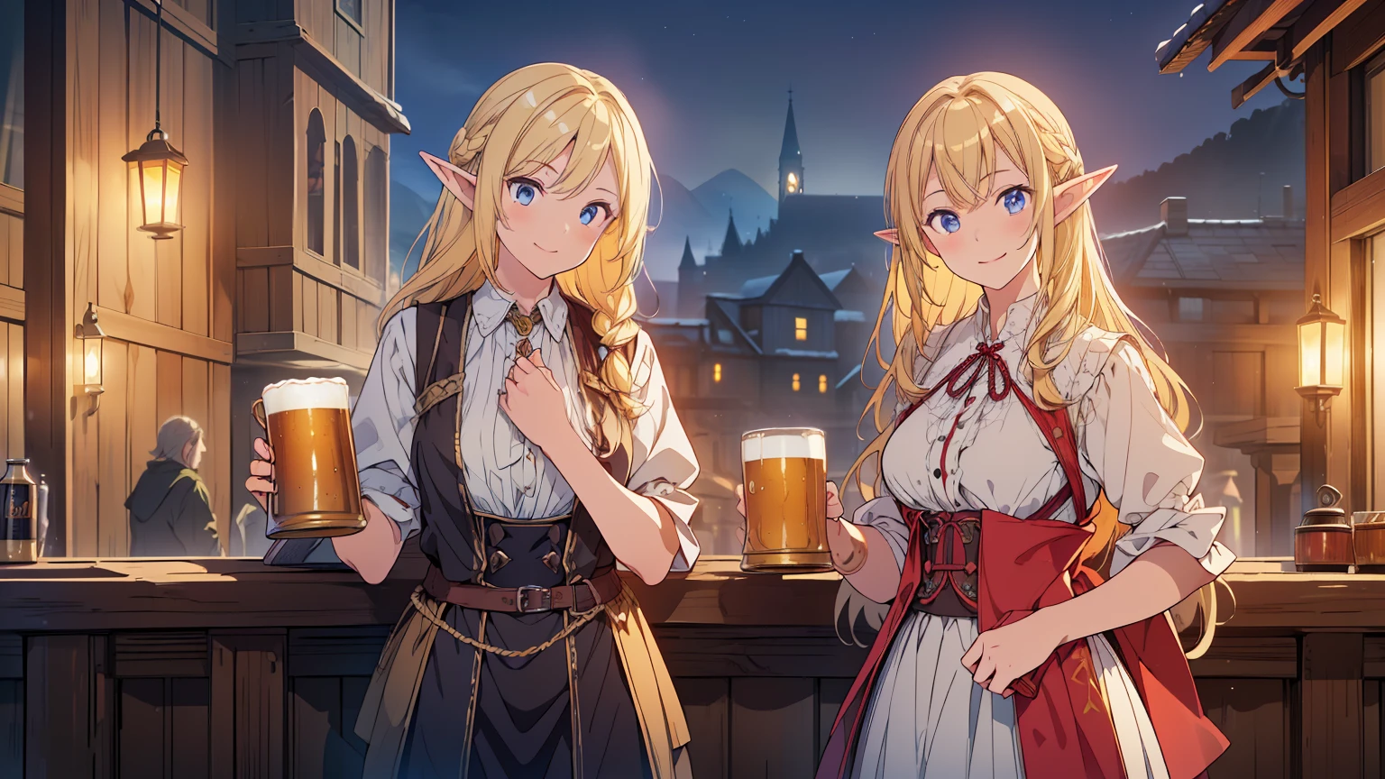 ((Top quality, 4k, 8k, high resolution, masterpiece: 1.2))), (super detailed), (realistic), (photorealistic), (photorealistic: 1.37), (HDR, UHD), (studio (lighting), ultra-fine drawing, sharp focus, physically based rendering, highly detailed, professional, vibrant colors, fantasy, medieval europe, tavern, old tavern in the countryside, seating, (((night))), (((dim))), medieval clothing, citizen's rags, long skirt, smile, girl clerk made of wood carrying beer mugs in both hands, long hair, blonde, elf, pointed ears,