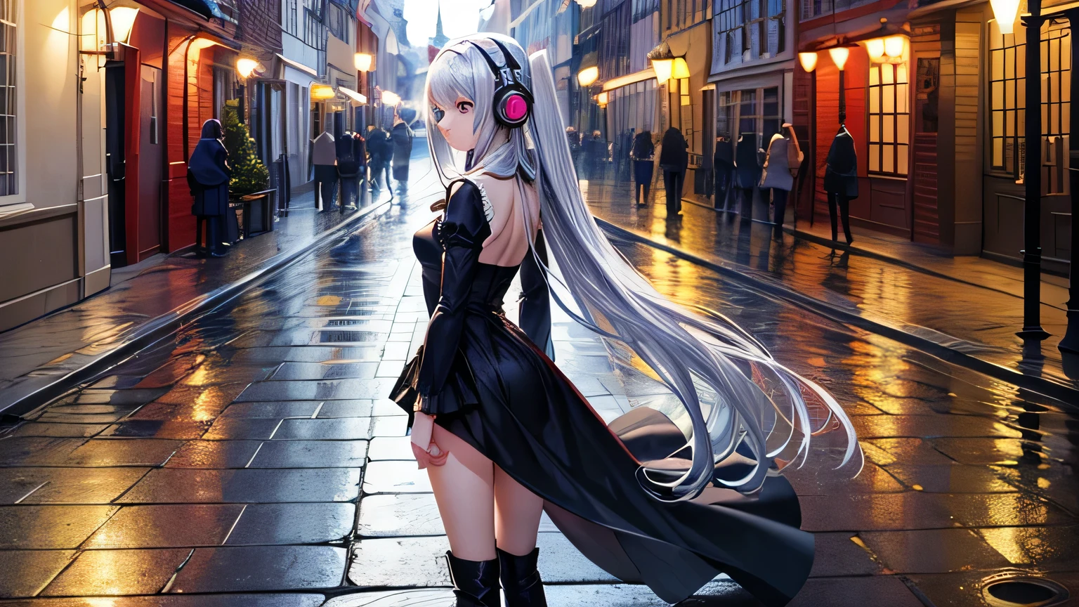 master plece,detailed,super fine,illustration, anime, vibrant colors,realistic, photorealistic, masterpiece, best quality, 2girl, back to back,depressed, slender, small breasts, solo, arched back,Headphones,Gothic Dress , boots, soulful eyes, (red eyes), silver hair, very long hair, floating hair:2, Charming European cobblestone streets in a historic town, Illuminate the rain,