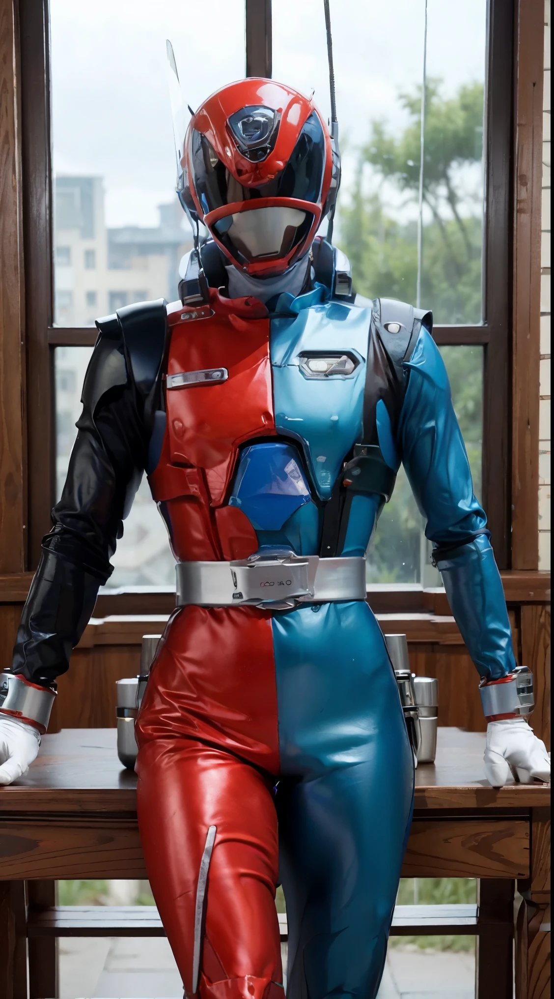 Fantasy background, cafe rpg style, empty chair, table, set of tea glass, (power rangers)), One guy、 blue costume, Solo, ((Slim figure)), (Anatomically correct), Cowboy shot, masked face, (Red composite tracksuit),
