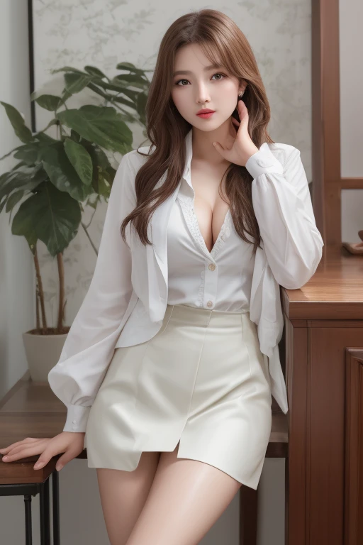 ((highest quality)), ((masterpiece)), (detailed), SLR、whole body、wallpaper、Attention to detail、Attention to detail、Serious look、Perfect proportions、Tight waist、Chestnut Hair、Beautiful Hair、Beautiful Skin、Beautiful white skin、Lustrous lips、russian actresasterpiece:1.3), Best image quality: 1.3, Rough hairstyles、Cleavage、Bust Size:1.2、Actively moving、Y-shirts and skirts