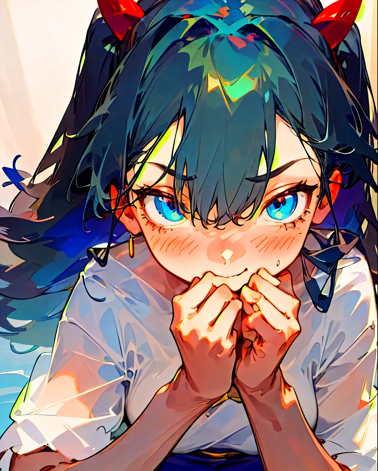 a close up of an anime girl with blue hair, perfect face, perfect hands, hands on chin, cute, moe, top rated pixiv, super cute, ecchi, sexy