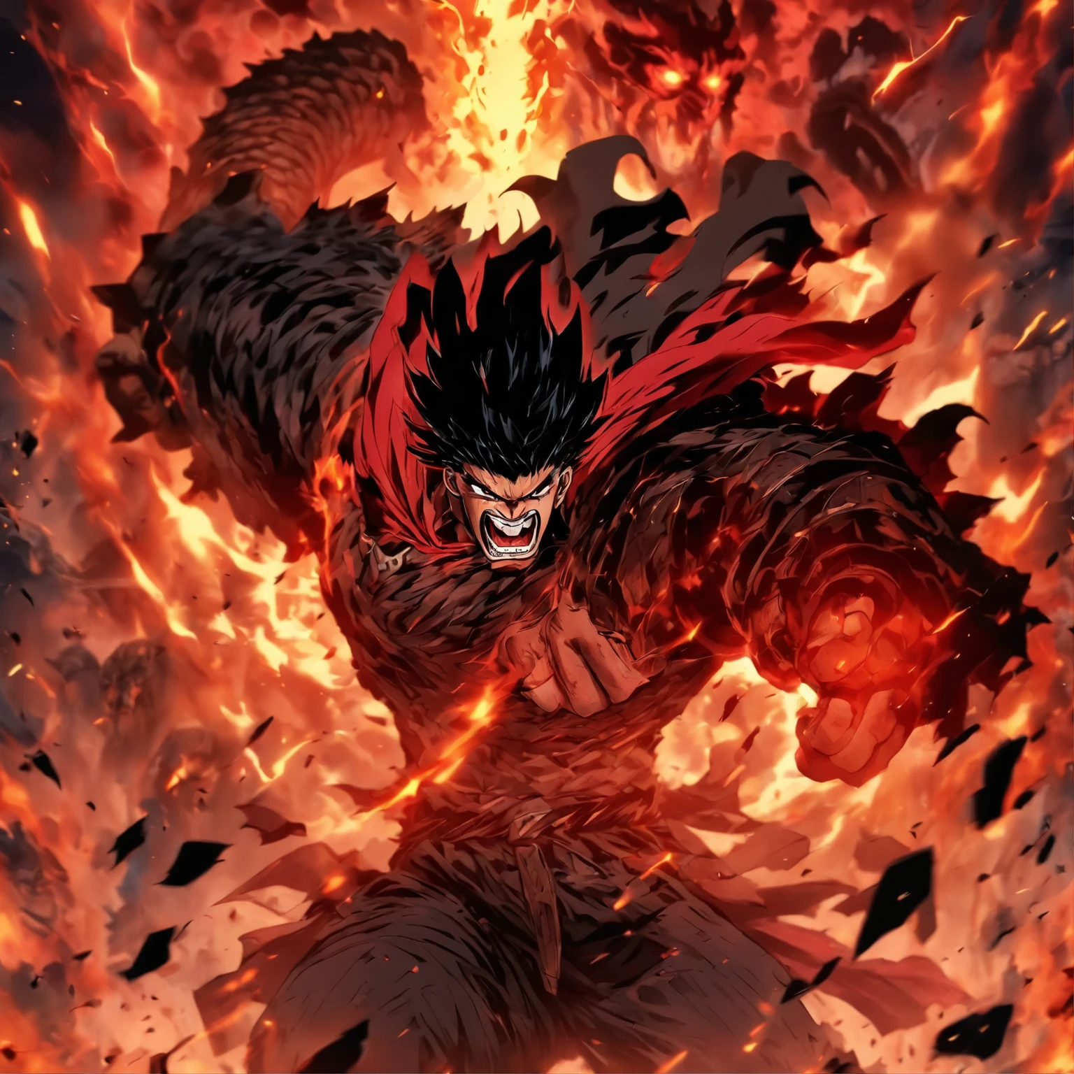 Best quality, 1 strong man, looks like Guts, black hair, Blue eyes, short hair hair, furious, screams, Odin destroys monsters in hell, anime style in red colors