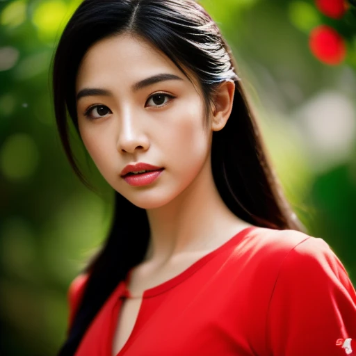 Beautiful Thai woman, 25 years old, with a clearly focused face., Her long ponytail flowed up.,Chest 36 inches “Dark blue t-shirt., Various postures, Looking straight at you intently, with red flowers, ชนบทท้องฟ้ากลางคืนสว่างWarm light,) Warm light,)  professional lighting, Sony A7R4, 50mm sessile lens. Warm light ถ่ายด้วยกล้องคุณภาพสูง 45,000,000,000,Pixels, realistic light colors,