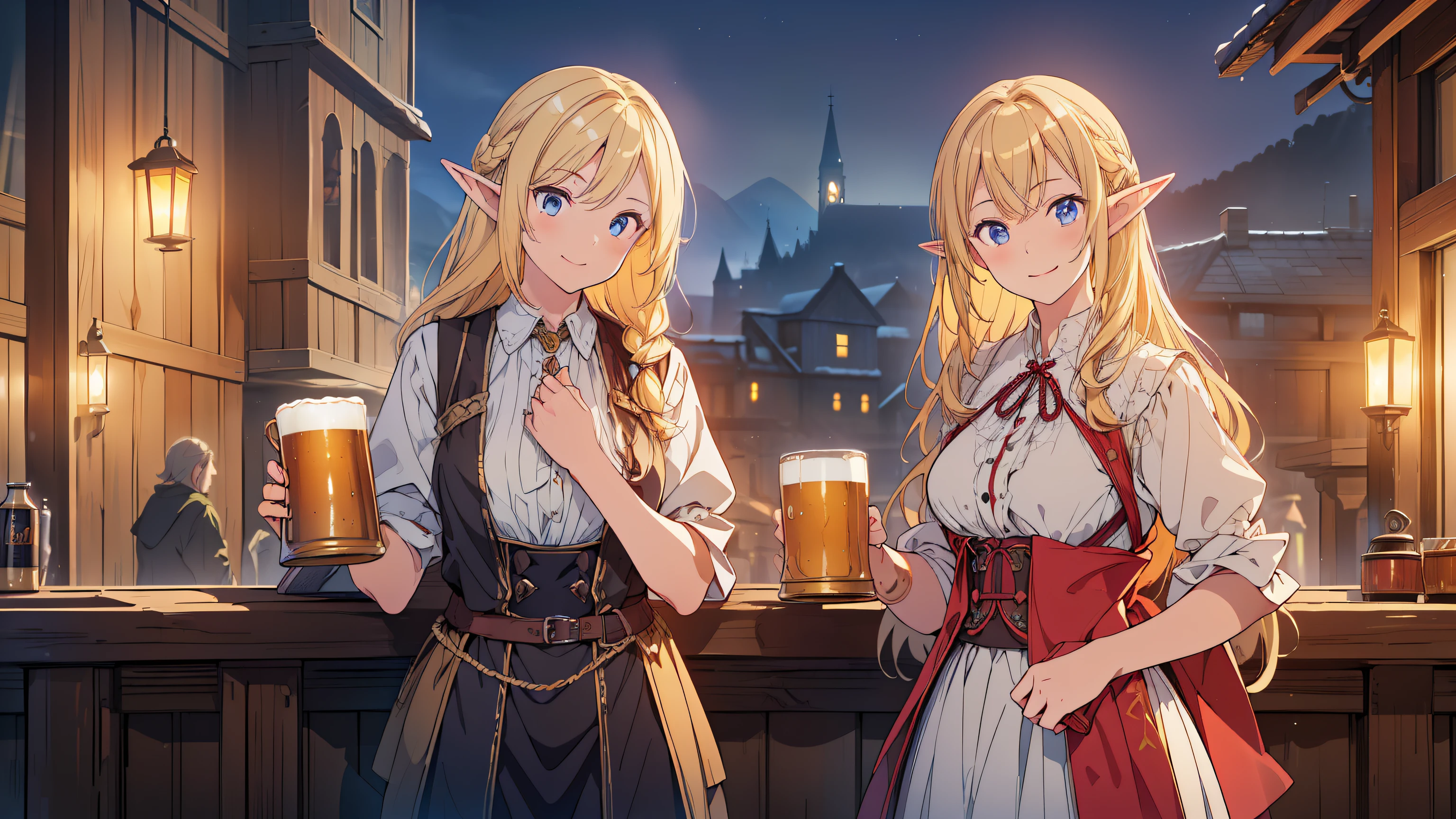 Elf、anime、Guild Tavern、High resolution、Soft look、Sitting、Elfの女性