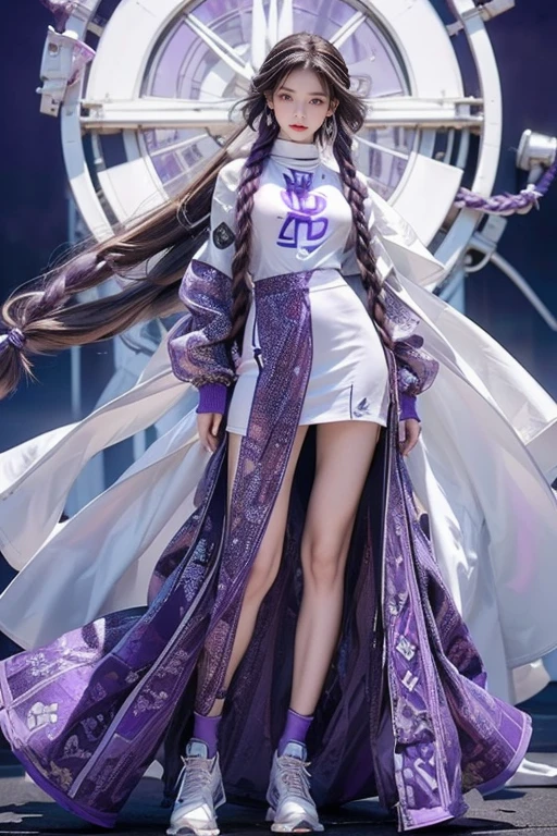 highest quality, Very detailed, masterpiece, Two women posing,(((Perfect female body))),Very beautiful face, Very beautiful body,Gentle expression, Very beautiful eyes,(Perfect Makeup:1.1),Fashion Model,Cyberpunk Fashion,Curly Hair,Shaggy Hair, (Drifting in the Wind,Very long braided hair dyed white and purple: 1.5),Pink and blue gradient:1.3, very thin body,Smart Abs,(Monogram pattern:1.3),Tech See-Through Blazer,Monogram patternロングレングススカート,anklet,Tech High Top Sneakers,A kind smile,Full body portrait,(Night in Cyber City), (Shiny skin),(Earrings),Long scarf with elegant pattern,Neon long shawl,Digital Clock,