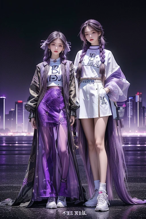highest quality, Very detailed, masterpiece, Two women posing,(((Perfect female body))),Very beautiful face, Very beautiful body,Gentle expression, Very beautiful eyes,(Perfect Makeup:1.1),Fashion Model,Cyberpunk Fashion,Curly Hair,Shaggy Hair, (Drifting in the Wind,Very long braided hair dyed white and purple: 1.5),Pink and blue gradient:1.3, very thin body,Smart Abs,(Monogram pattern:1.3),Tech See-Through Blazer,Monogram patternロングレングススカート,anklet,Tech High Top Sneakers,A kind smile,Full body portrait,(Night in Cyber City), (Shiny skin),(Earrings),Long scarf with elegant pattern,Neon long shawl,Digital Clock,