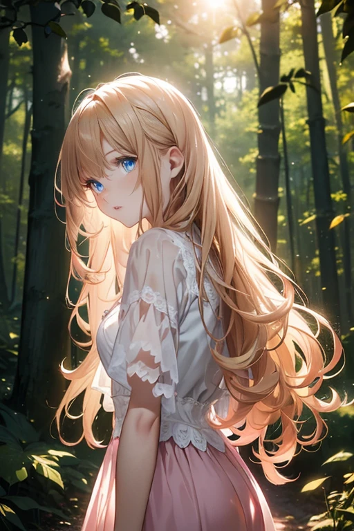(8k), (masterpiece), (best quality), (super details), (award winning), (realistic), lens flare, glowing light, woman in a pink dress standing in the woods, (photography), modeling shoot, beautiful girl, (beautiful face:0.8), slender blonde girl, fashion photography portrait, pale skin curly blond hair