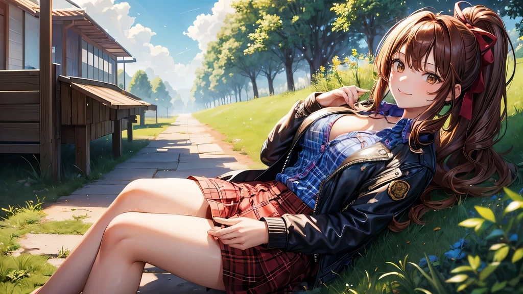 1girl, summer, village, trees, sun, clouds, ((colorful hair)), long hair, curly hair, ponytail, large breasts, button down shirt, ((blue checked shirt)), ((unbuttoned shirt)), cleavage 1:3, brown eyes, ((opened brown zipper jacket)), leather jacket, ((red black skirt)), smile, looking at the viewer, touching neck, standng, hair ribbon, golden necklate