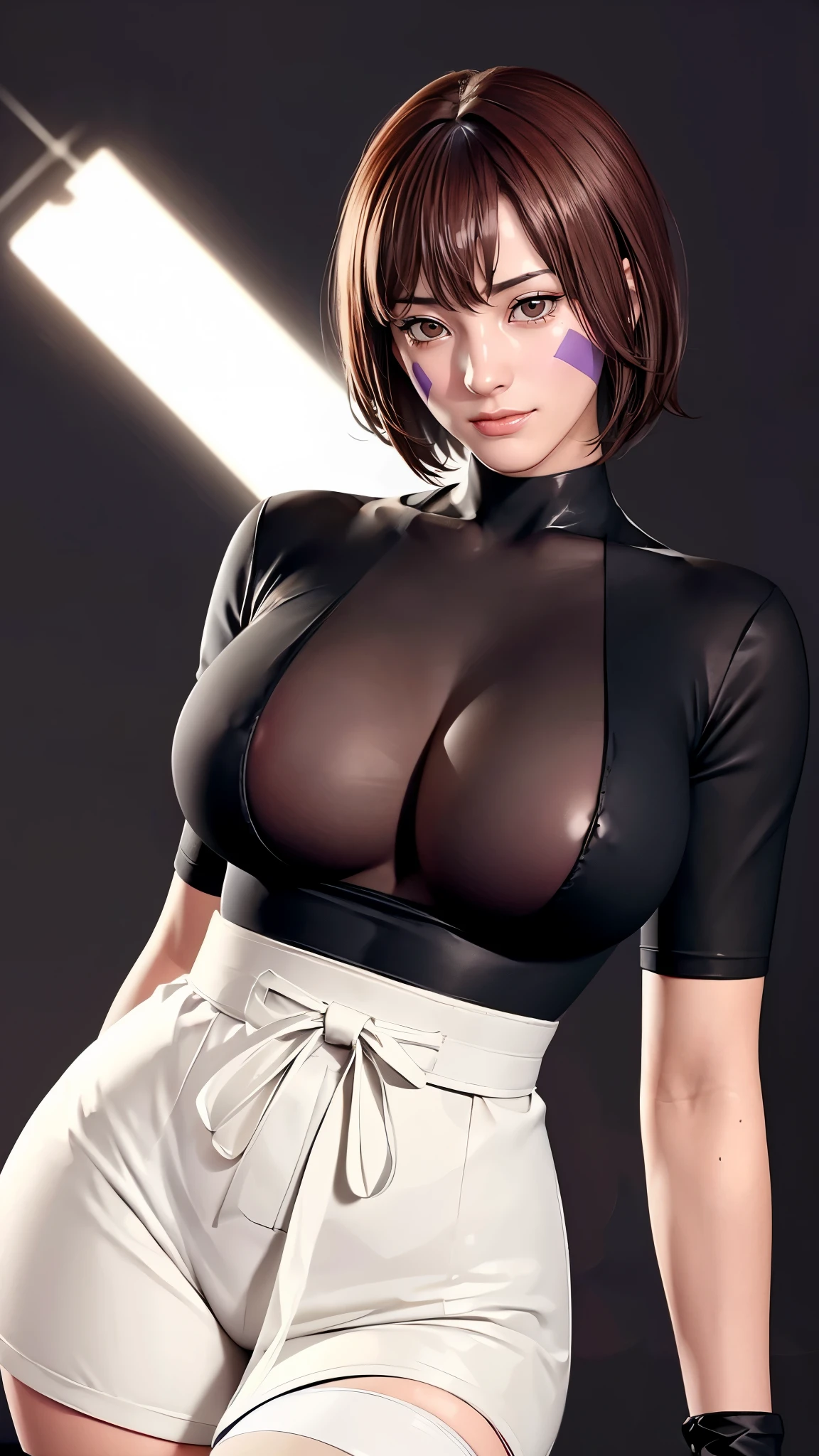 （（（完美figure，figure，solo， White and tender skin，（（（Cyberpunk，black shirt，bike shorts，long sleeves，waist apron，toeless footwear，black thighhighs））），（（（TsunadeLora,short hair，brown hair，facial mark，brown eyes，））），((masterpiece)),high resolution, ((Best quality at best))，masterpiece，quality，Best quality，（（（ Exquisite facial features，Looking at the audience,There is light in the eyes，(（（Smile，confidence））），型figure:1.7））），（（（Light and shadow，Huge breasts））），（（（Looking at the camera，black background，)）））