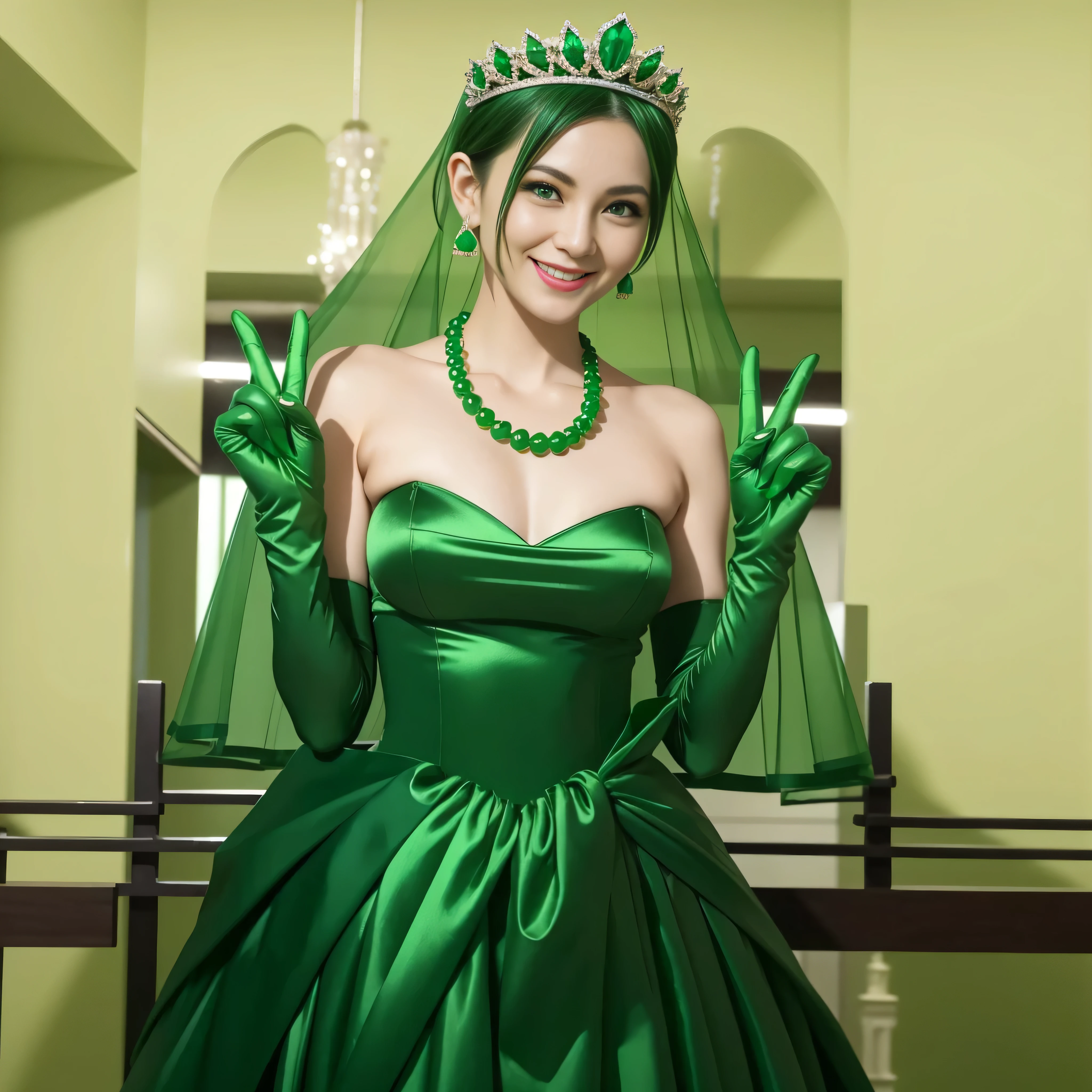 Emerald tiara, Green Pearl Necklace, Boyish very short green hair, lipstick, Smiling Japan woman in her 30s, Very short hair, Big and beautiful, Green Eyes, Long green satin gloves, Big Breasts, V sign, Emerald Earrings, Green veil